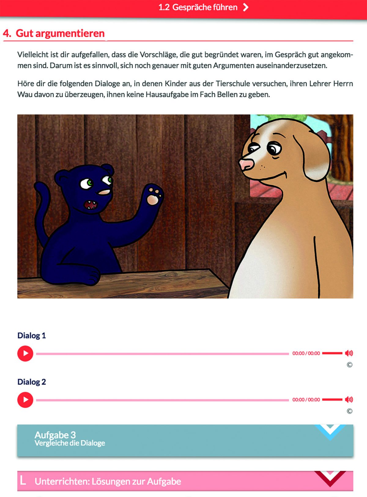 Screenshot aus dem mBook Deutsch. Zu sehen sind eine gezeichnete Katze und ein Hund. Darunter befinden sich Audiospuren zum Anhören.