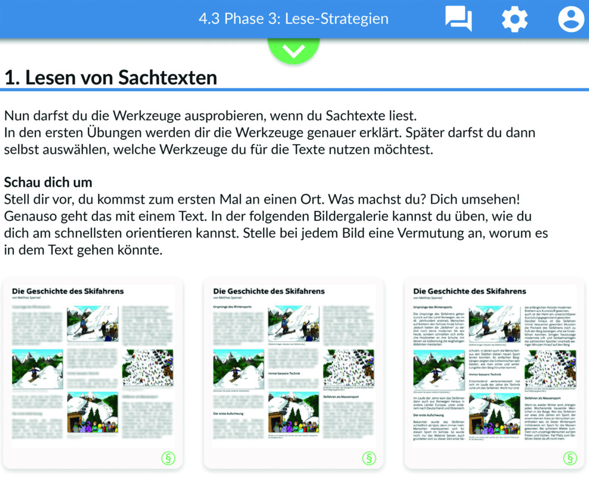 Screenshot aus dem mBook Deutsch. Hilfestellung zum Lesen von Sachtexten.