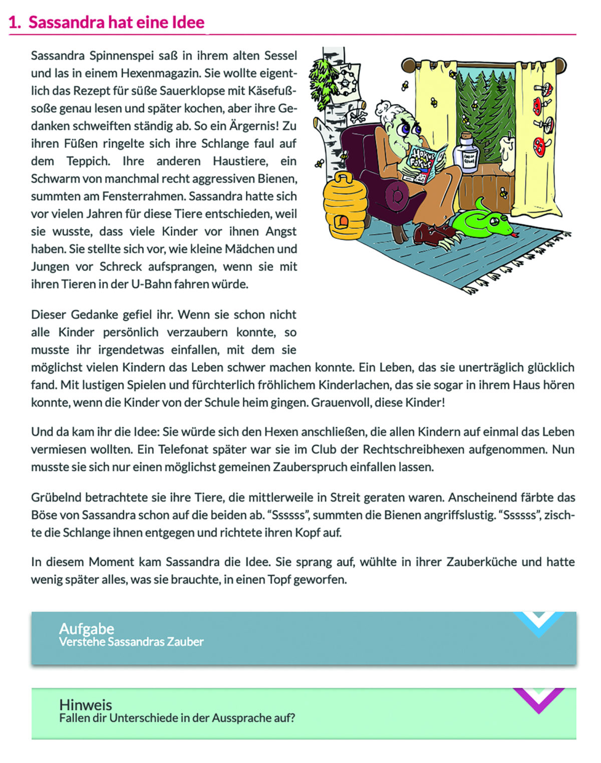 Screenshot aus dem mBook Deutsch. Text zur Hexe, die die s-Laute verzaubert.