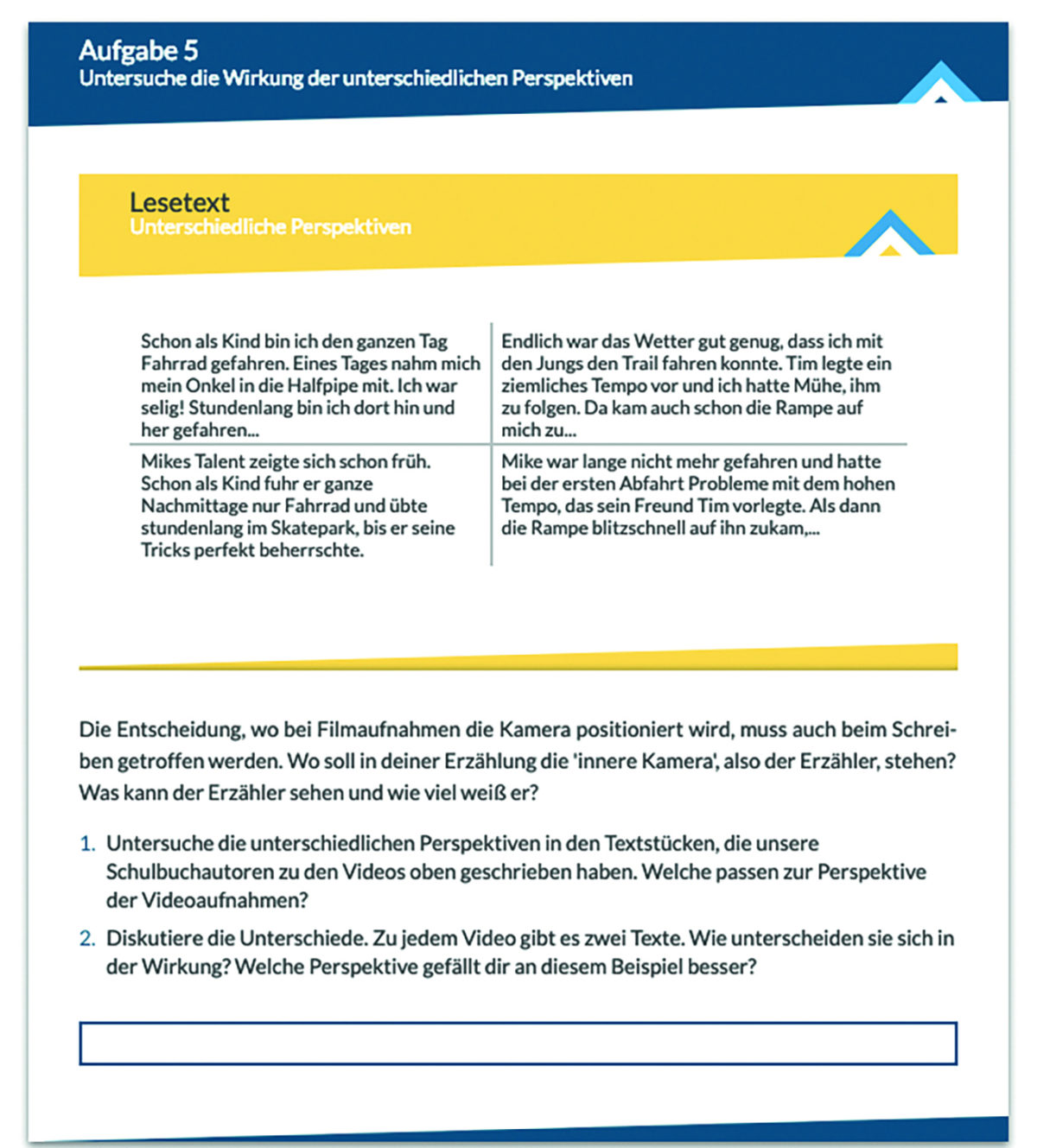 Screenshot aus dem mBook Deutsch „Aufgabe 5: Untersuche die Wirkung der unterschiedlichen Perspektiven"