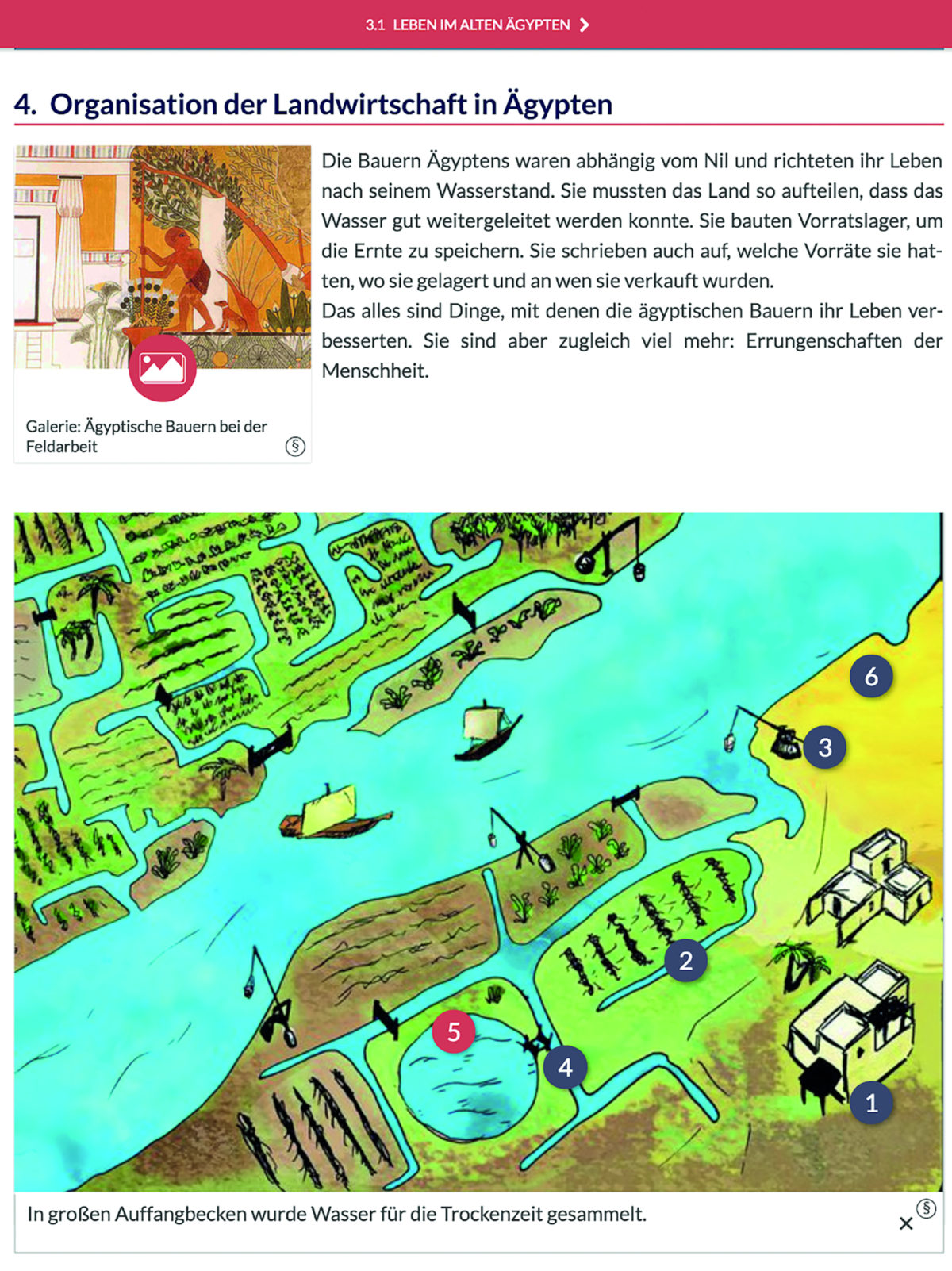 Erkundungsbild mit klickbaren Punkten zur Erläuterung der altägyptischen Landwirtschaft aus dem mBook für das Fach Geschichte.