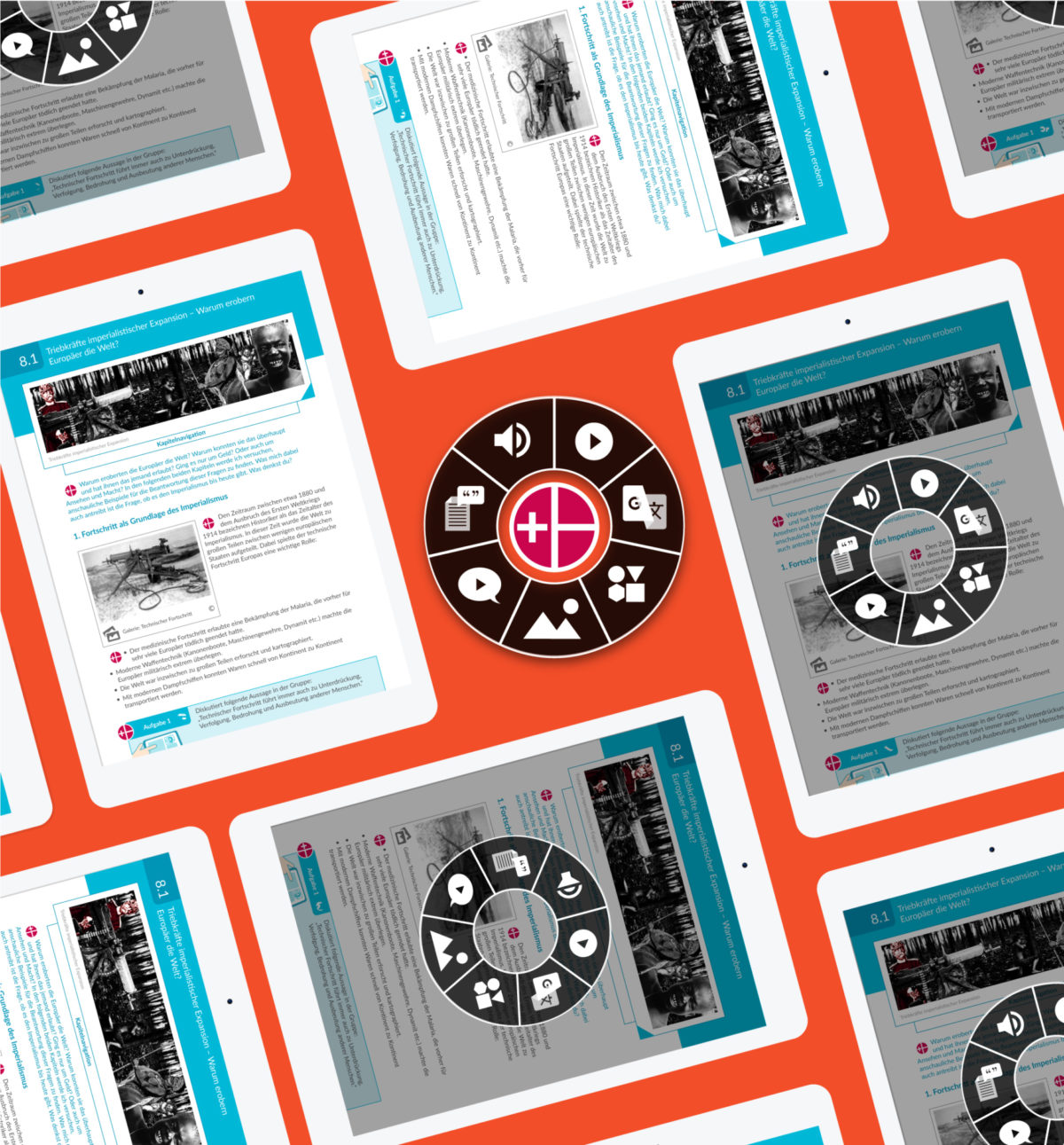 Verschiedene Ausschnitte aus dem mBook Gemeinsames Lernen sind auf mehreren Tablets zu sehen.