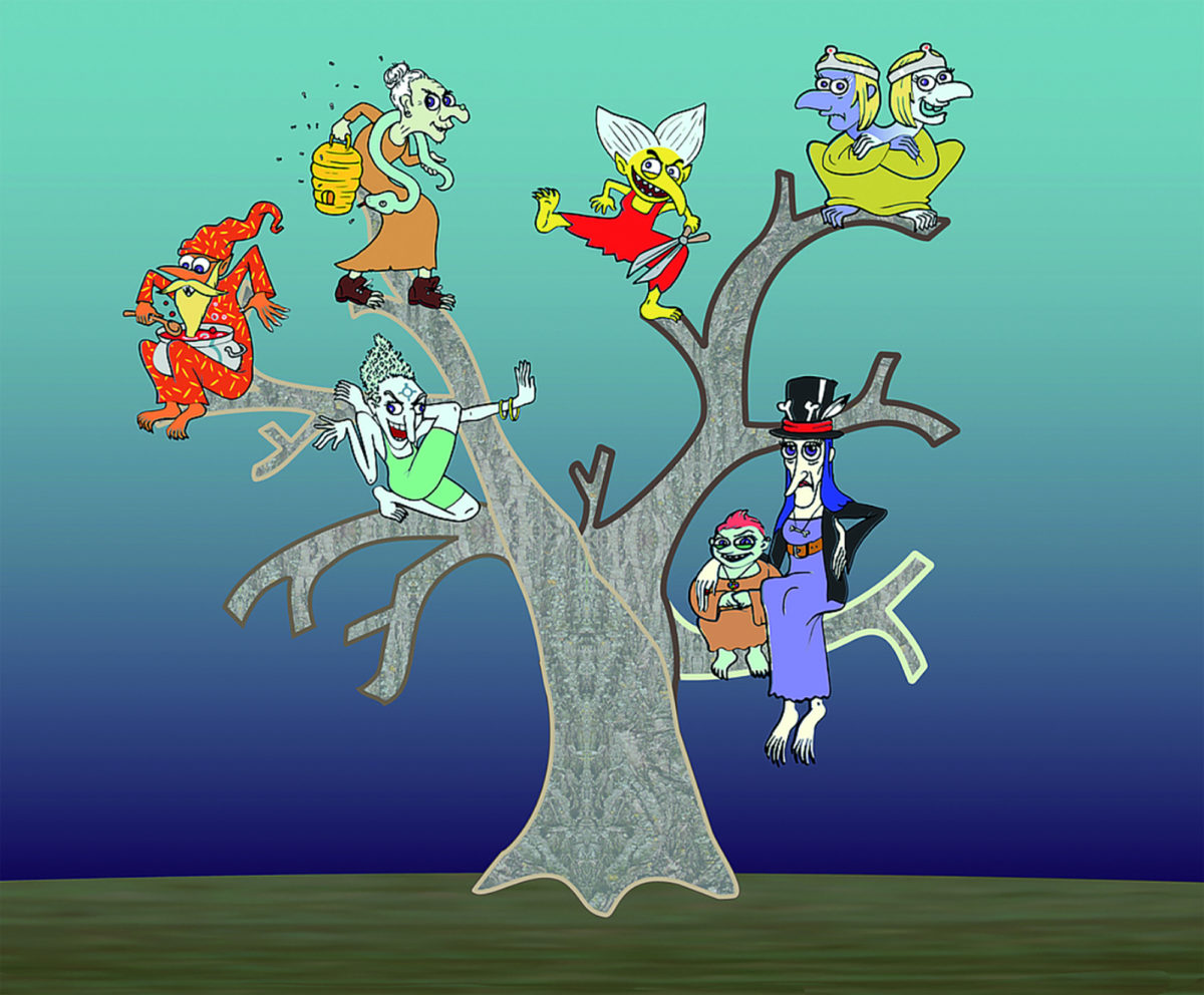 Comic, in dem verschiedene Hexen aus einem Baum sitzen.