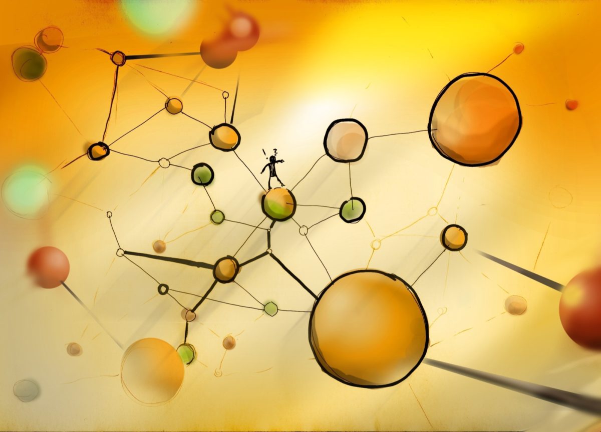 Stilisierte grafische Darstellung, welche Sinnbeziehungen darstellen soll und an den Aufbau von Molekülen erinnert. In der Mitte ist eine Figur zu erkennen, die auf einem der Knotenpunkte balanciert.