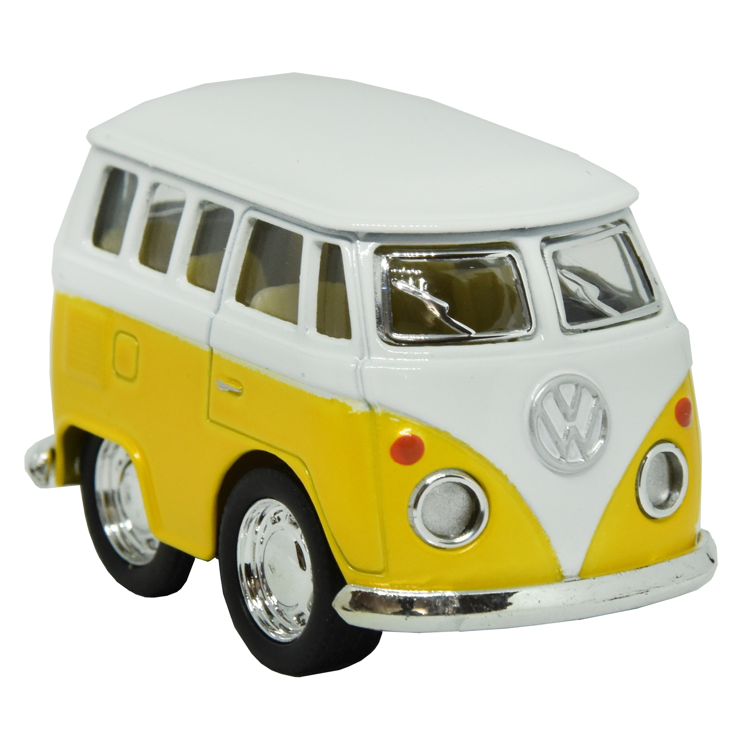 Modellauto Volkswagen VW T1 Bus Comic Style in blau mit Rückziehmotor 1960