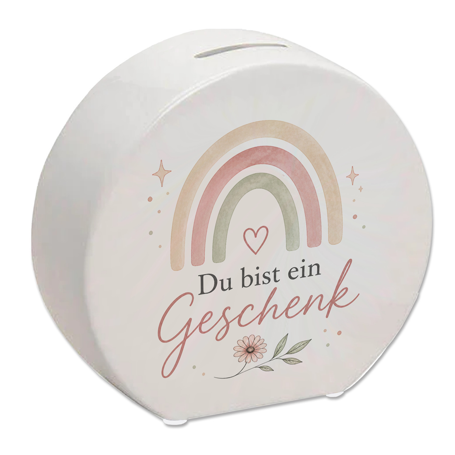 Spardose Du bist ein Geschenk - Sparschwein mit Blumenmotiv Sparbüchse