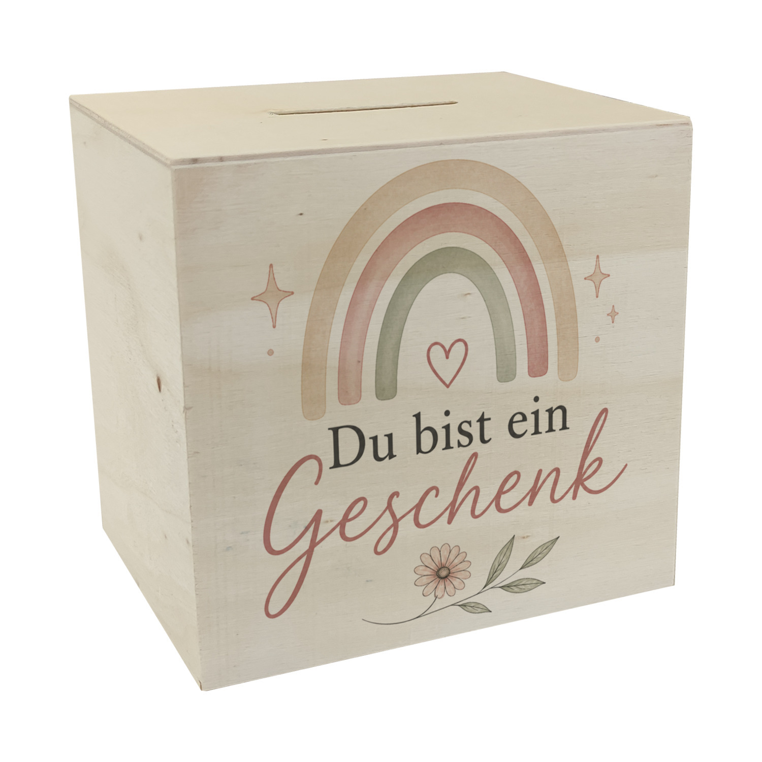 Spardose Holz Du bist ein Geschenk - Sparschwein in Pastelloptik
