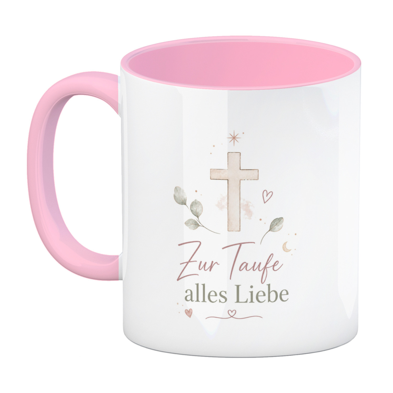 Kaffeebecher in rosa Zur Taufe alles Liebe - Kreuz Tasse – Ansicht 2