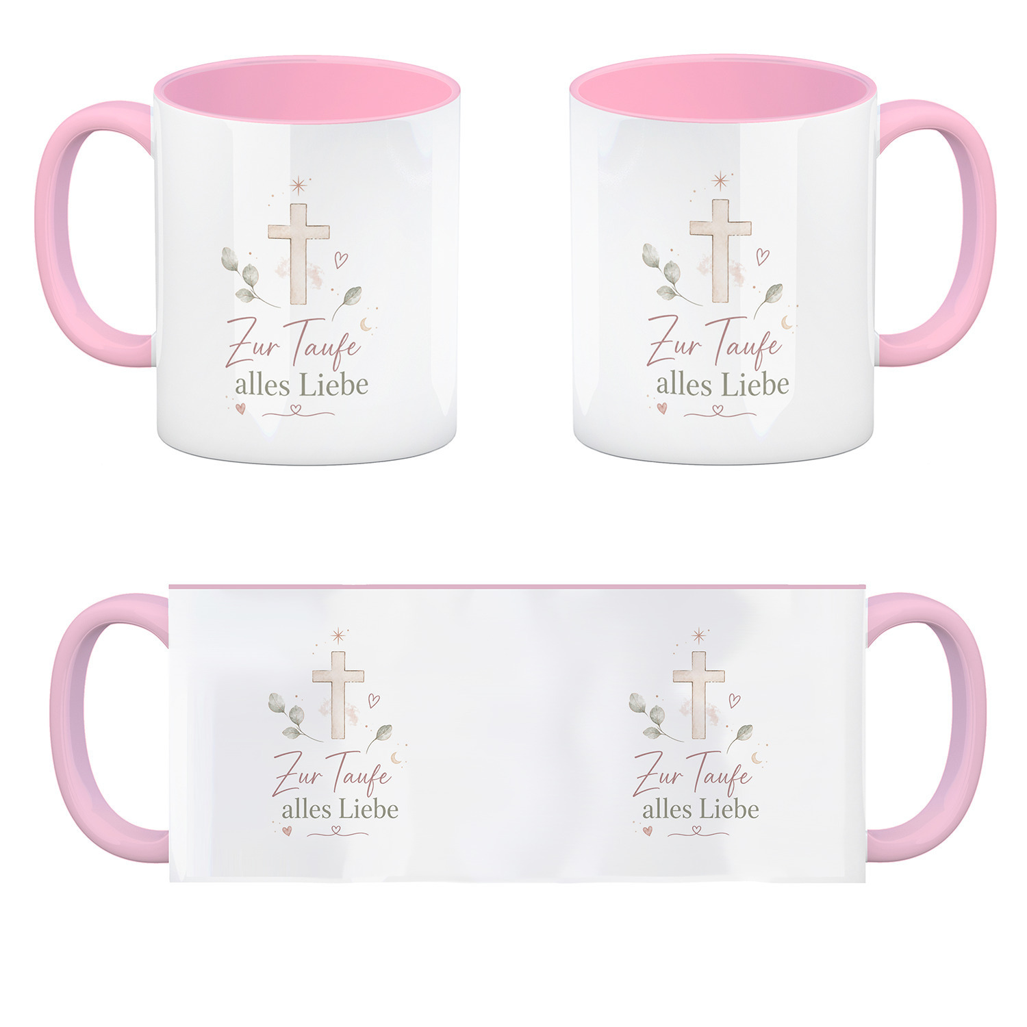 Kaffeebecher in rosa Zur Taufe alles Liebe - Kreuz Tasse – Ansicht 4
