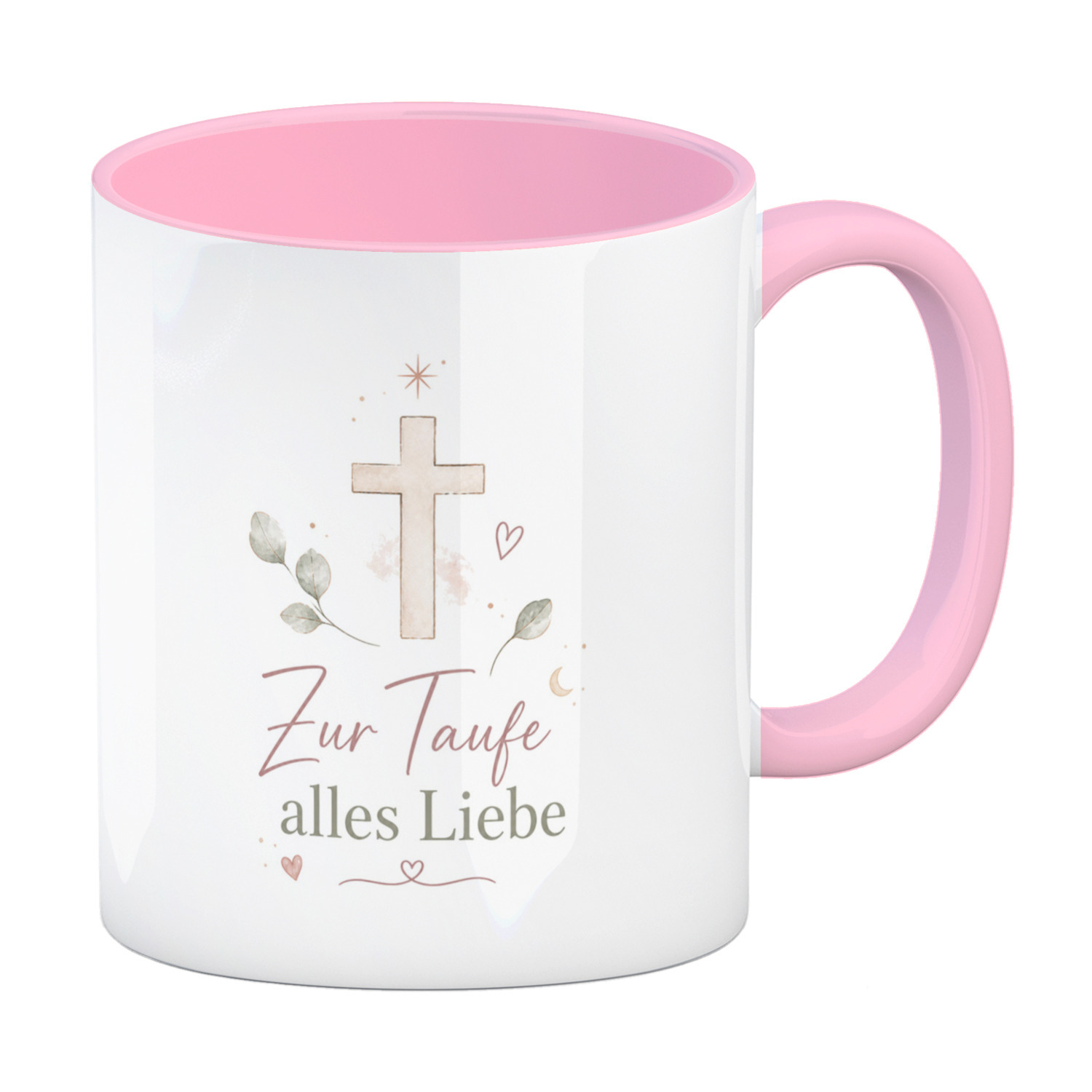 Kaffeebecher in rosa Zur Taufe alles Liebe - Kreuz Tasse