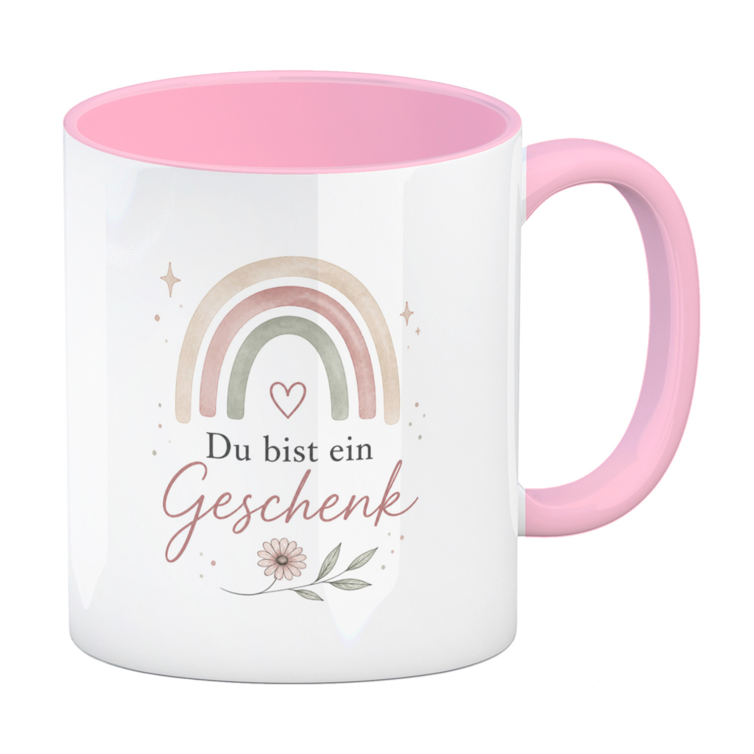Kaffeebecher in rosa Du bist ein Geschenk - Tasse mit zarter Blumenlinie
