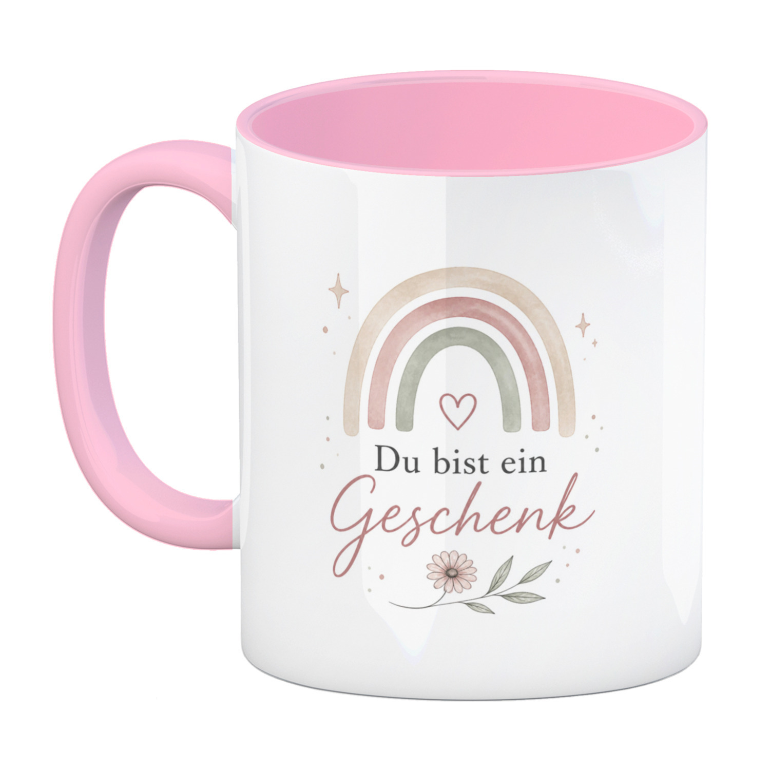 Kaffeebecher in rosa Du bist ein Geschenk - Tasse mit zarter Blumenlinie – Ansicht 2