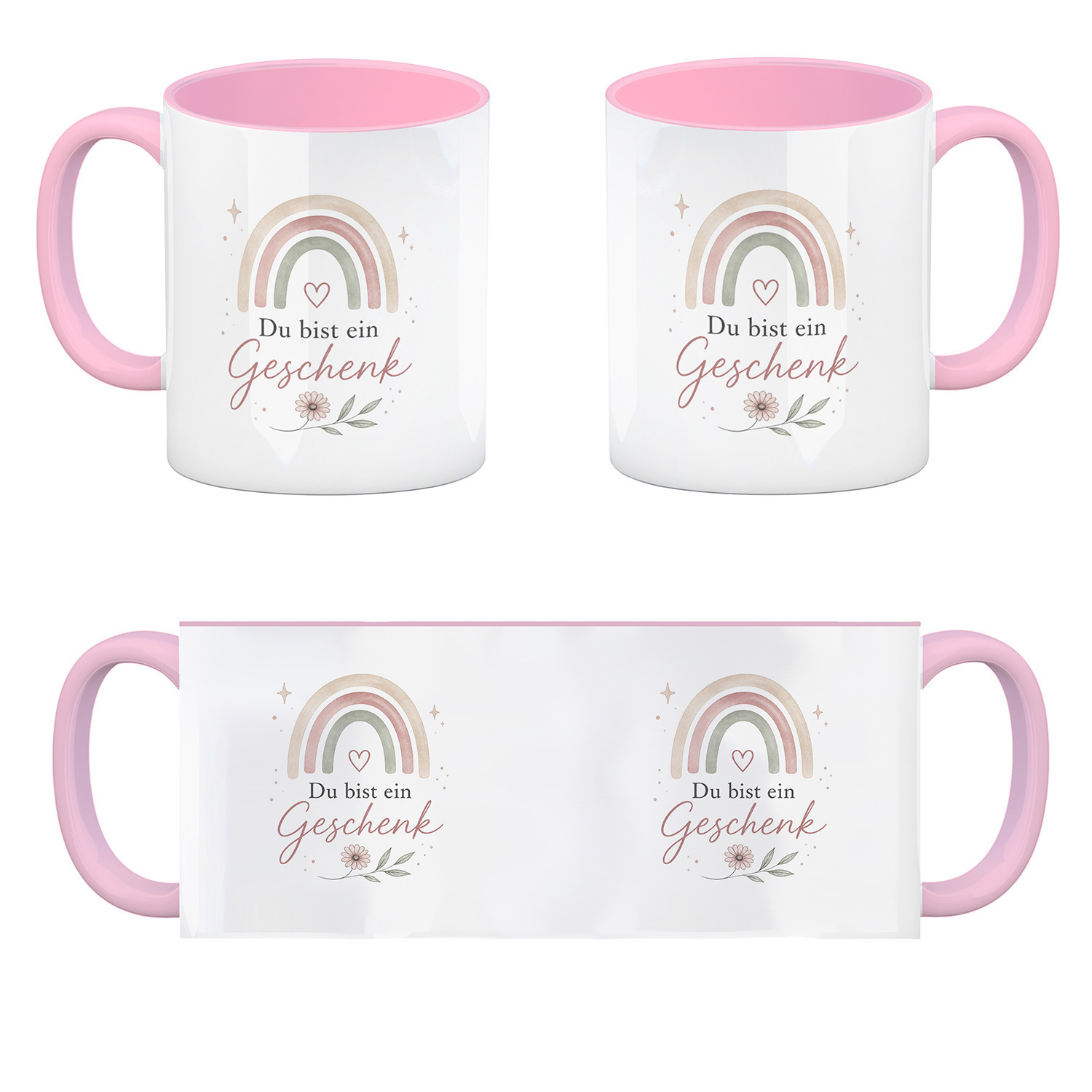 Kaffeebecher in rosa Du bist ein Geschenk - Tasse mit zarter Blumenlinie – Ansicht 4
