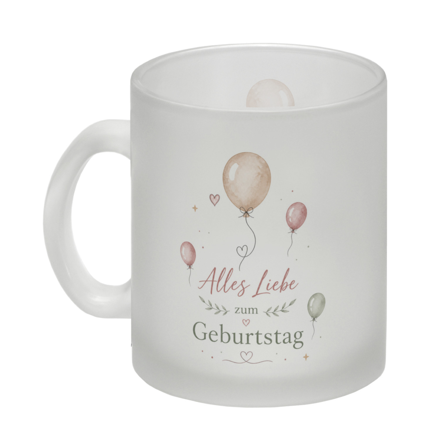 Glas Tasse Alles Liebe zum Geburtstag - Herz und Ballonmotiv – Ansicht 2