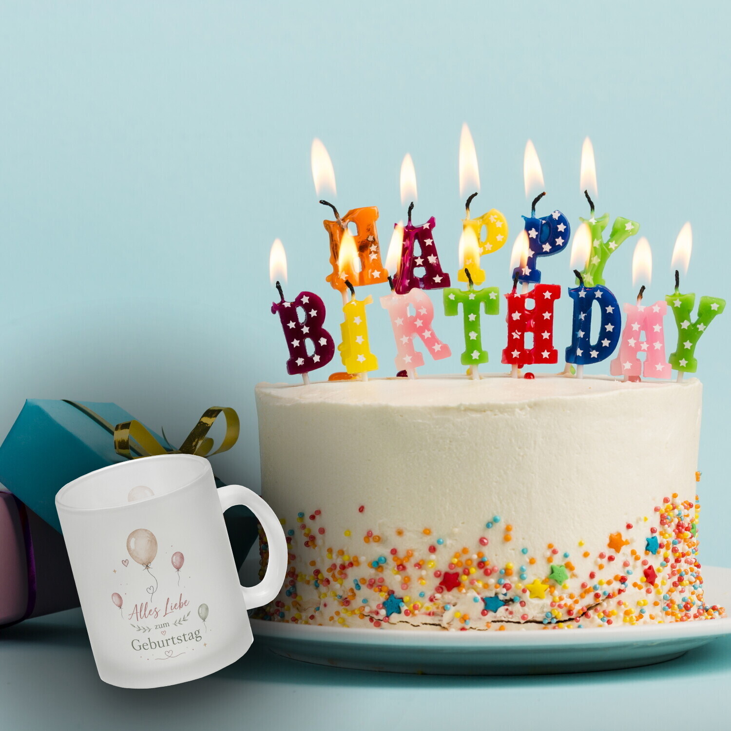 Glas Tasse Alles Liebe zum Geburtstag - Herz und Ballonmotiv – Ansicht 3