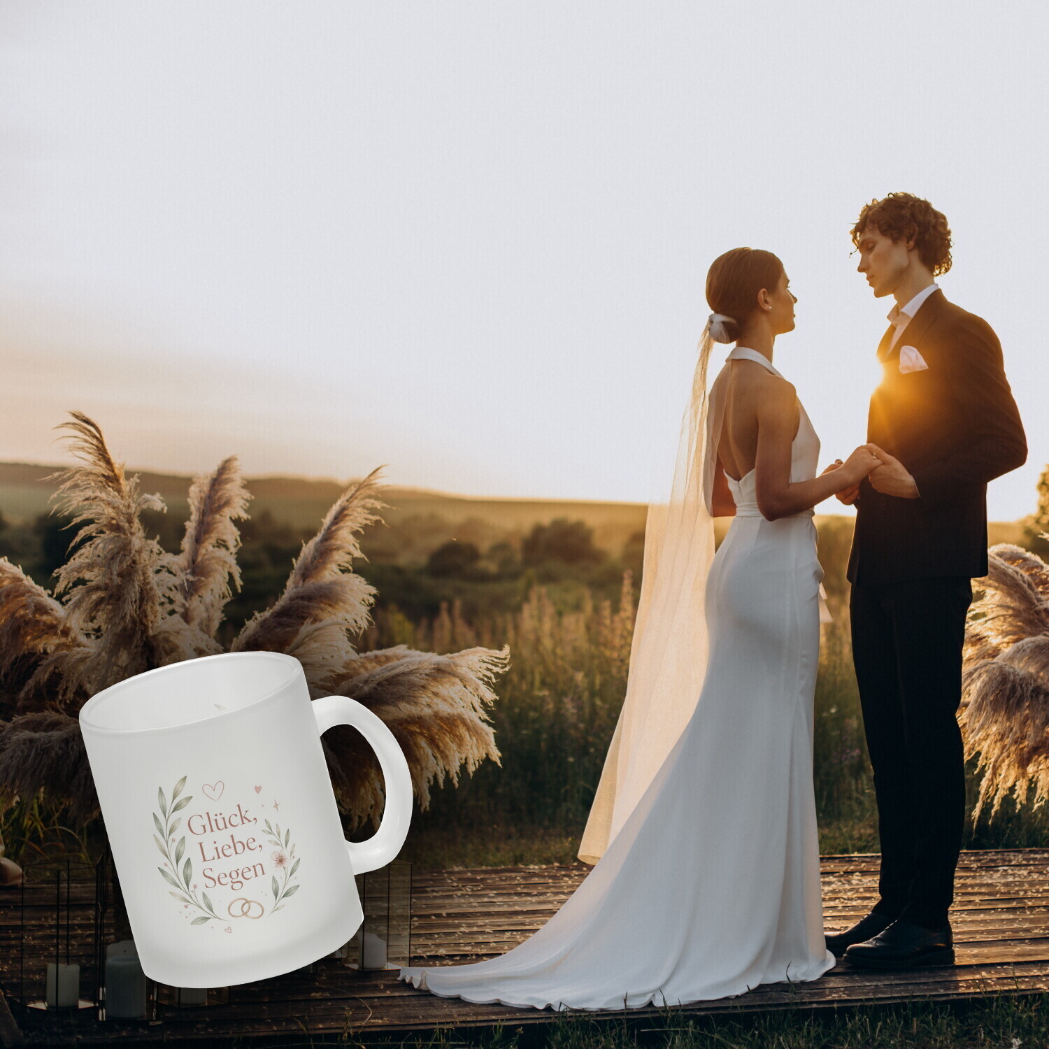 Glas Tasse Glück - floraler Becher mit Hochzeitsmotiv Trinkglas – Ansicht 3