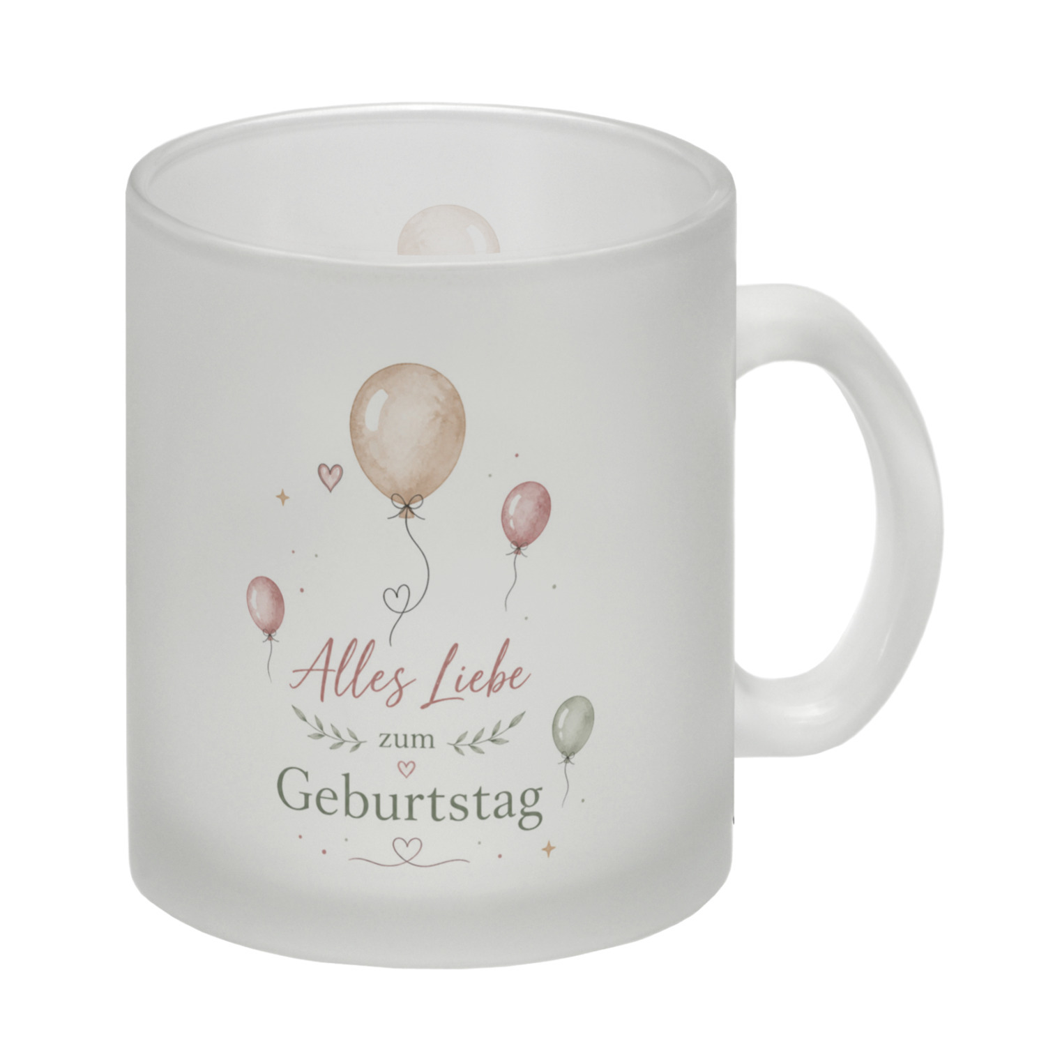 Glas Tasse Alles Liebe zum Geburtstag - Herz und Ballonmotiv