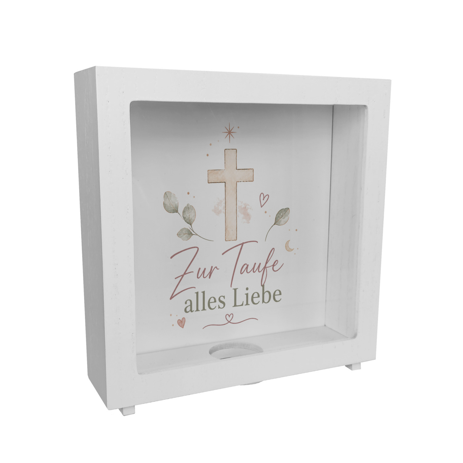 Rahmen Spardose Holz Zur Taufe alles Liebe - Kreuz Sparschwein