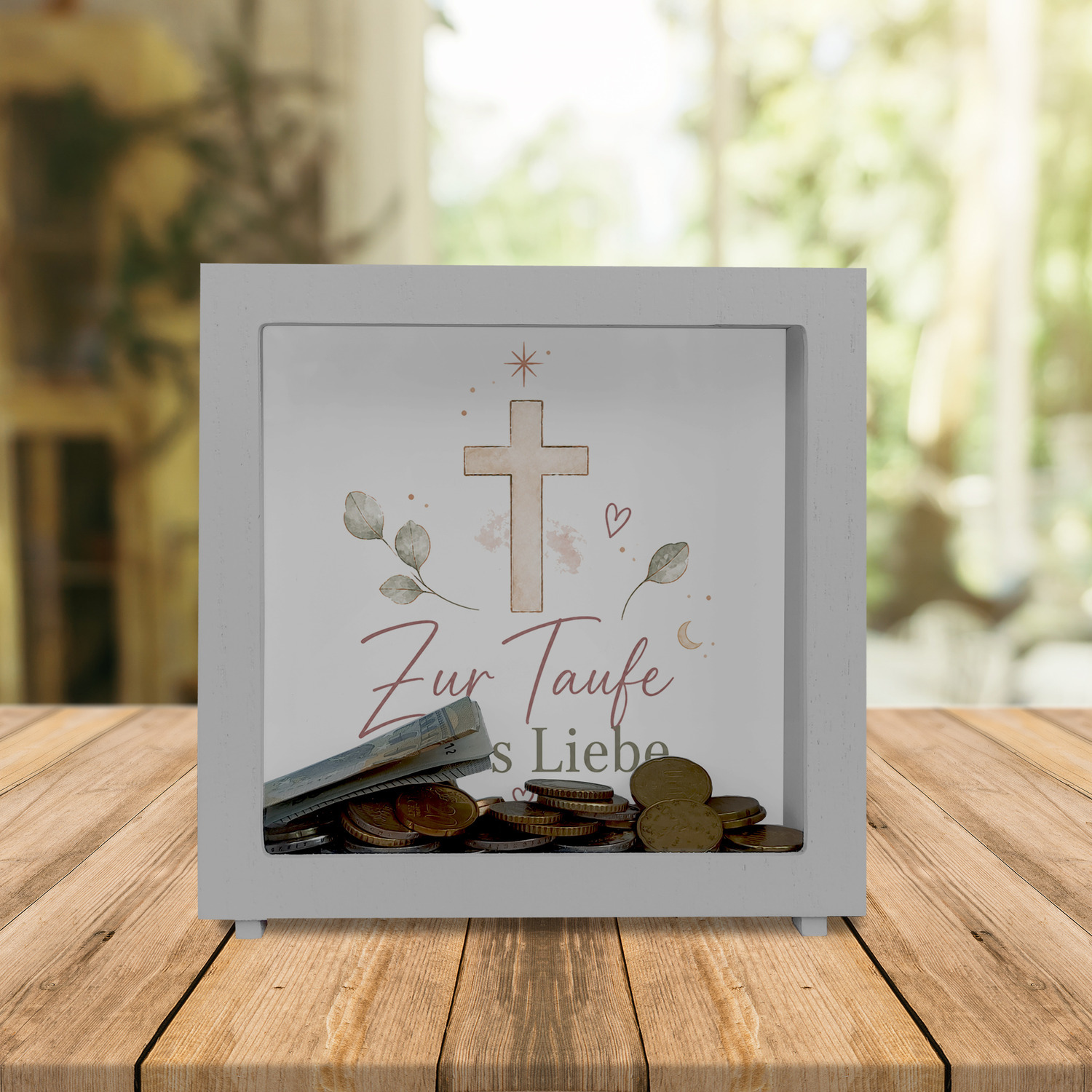 Rahmen Spardose Holz Zur Taufe alles Liebe - Kreuz Sparschwein – Ansicht 2