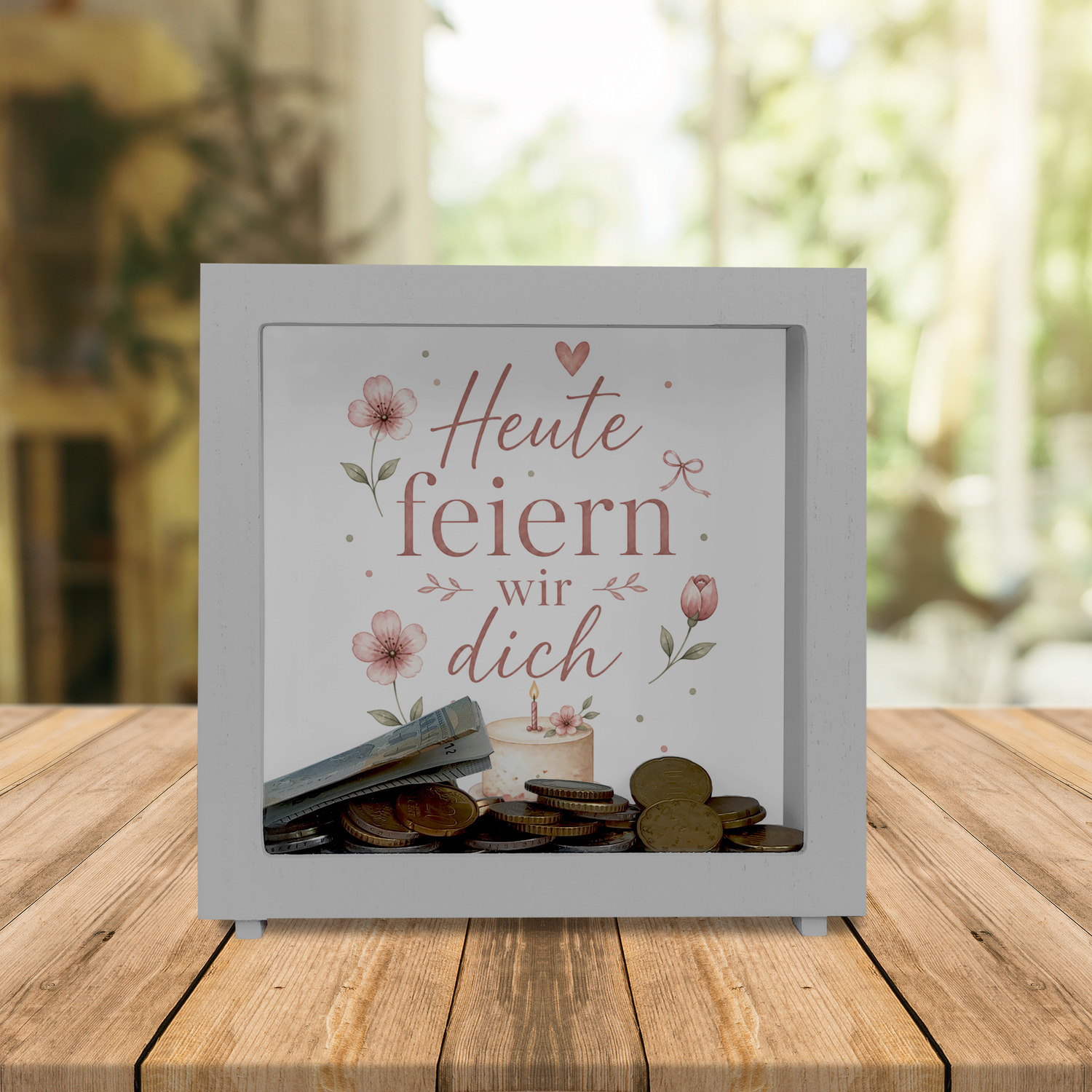 Rahmen Spardose Holz Heute feiern wir dich - Blumen Sparschwein – Ansicht 2