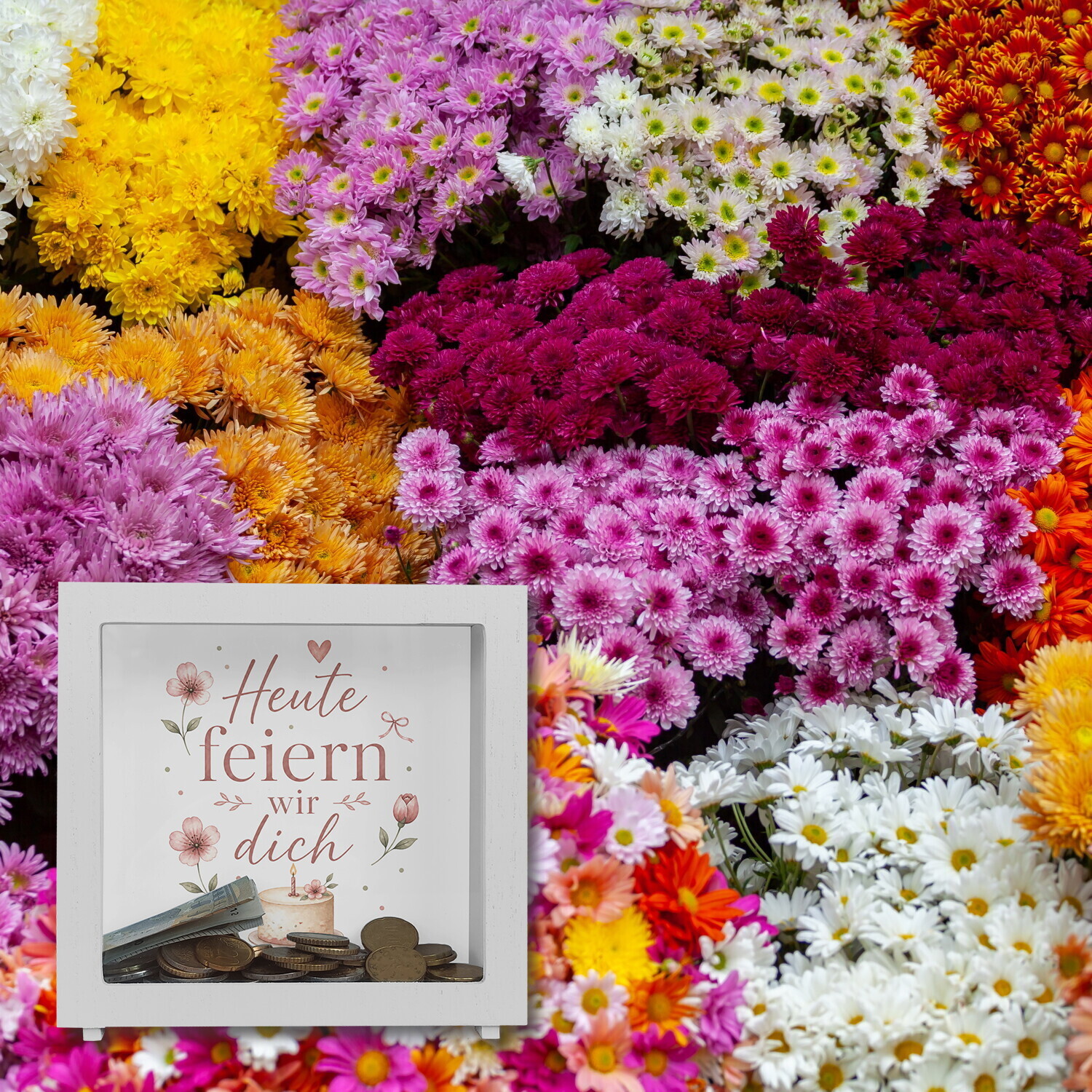 Rahmen Spardose Holz Heute feiern wir dich - Blumen Sparschwein – Ansicht 5