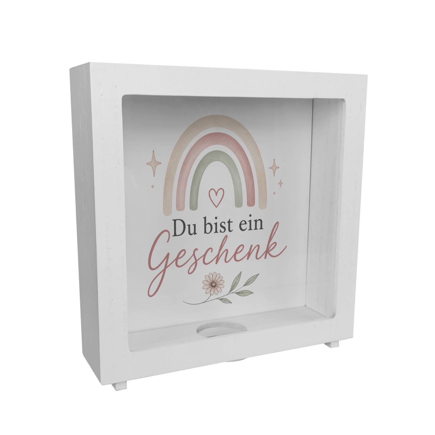 Rahmen Spardose Holz Du bist ein Geschenk - Sparschwein im Boho Look