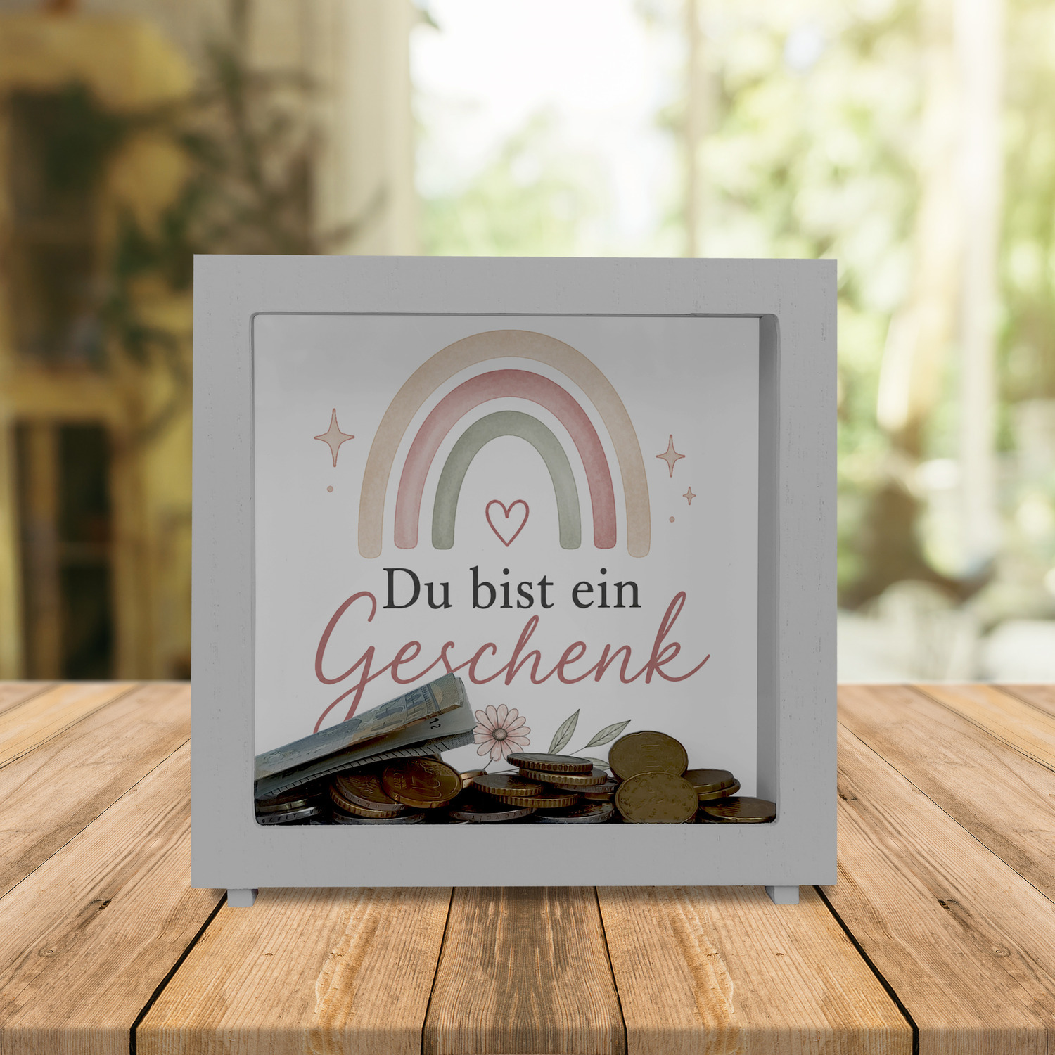 Rahmen Spardose Holz Du bist ein Geschenk - Sparschwein im Boho Look – Ansicht 2
