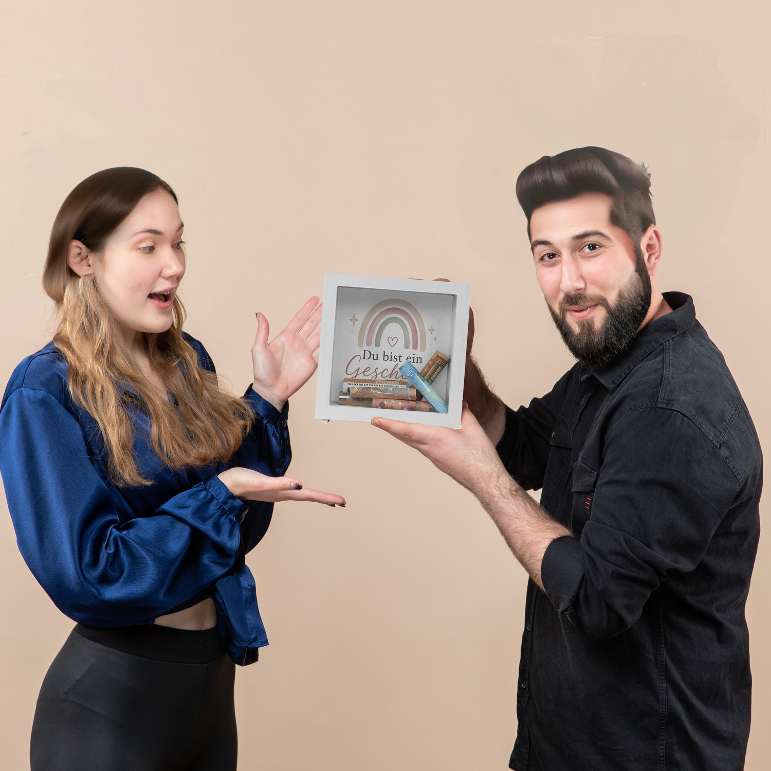 Rahmen Spardose Holz Du bist ein Geschenk - Sparschwein im Boho Look – Ansicht 7