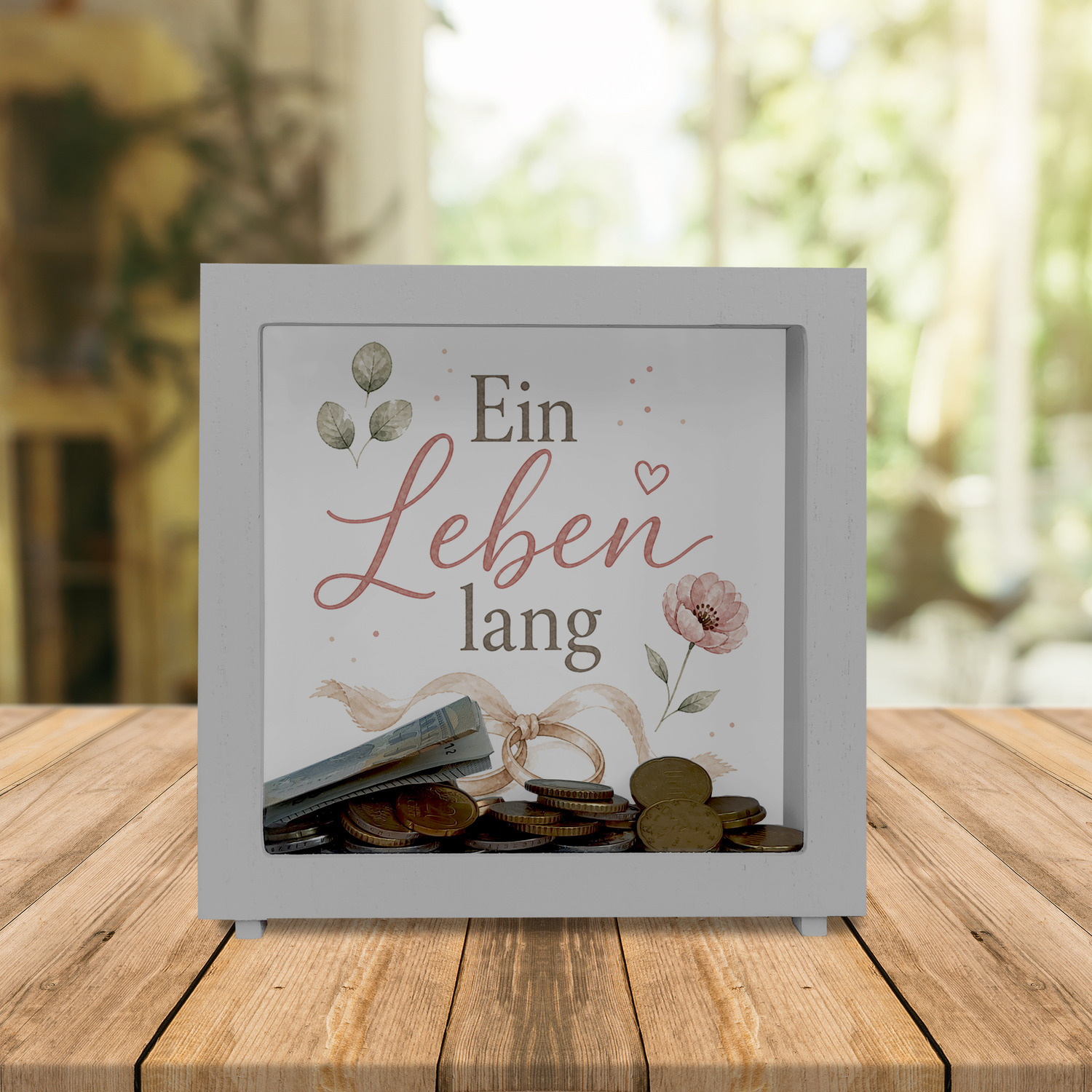 Rahmen Spardose Holz Ein Leben lang - Sparschwein mit Eheringen – Ansicht 2