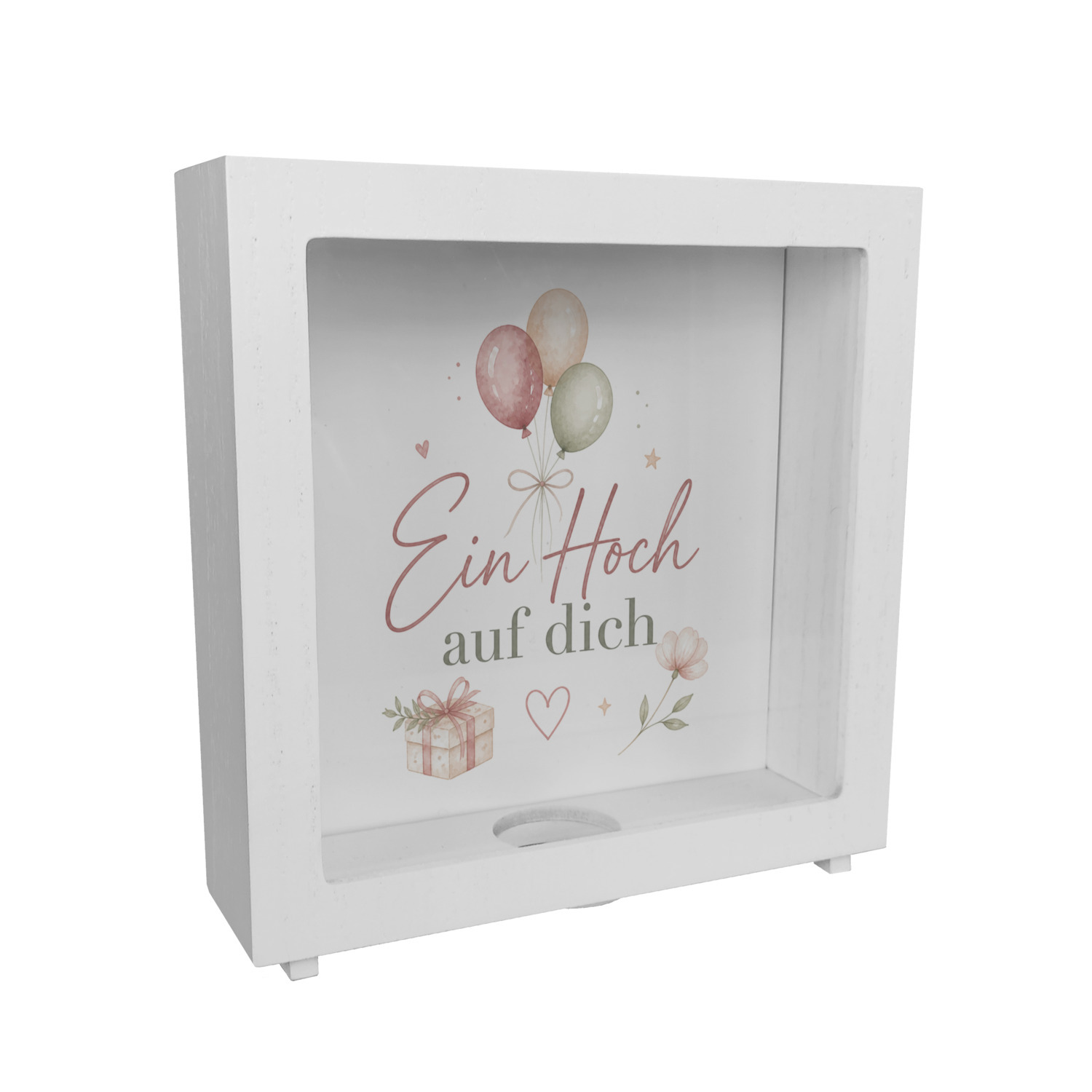 Rahmen Spardose Holz Ein Hoch auf dich - Ballons und Spruch