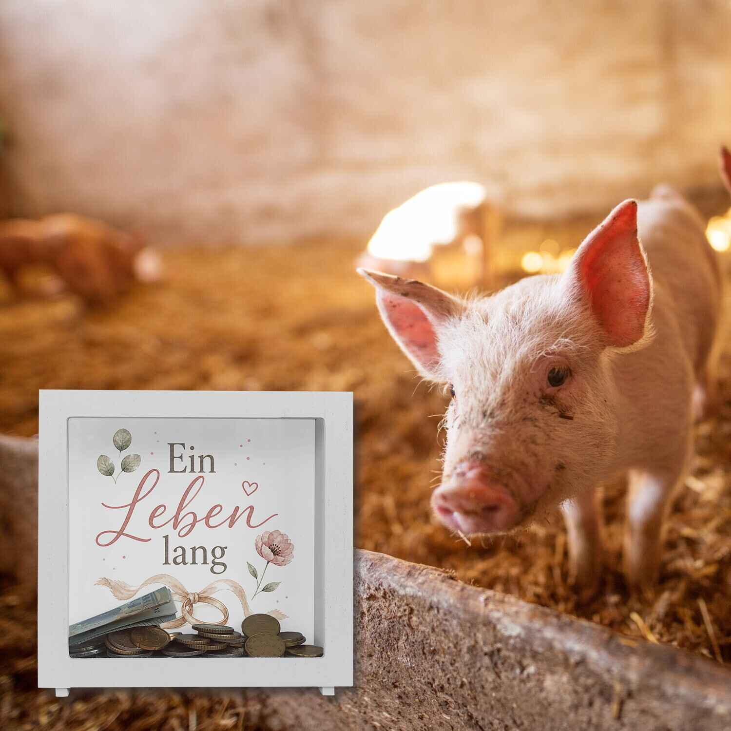 Rahmen Spardose Holz Ein Leben lang - Sparschwein mit Eheringen – Ansicht 5
