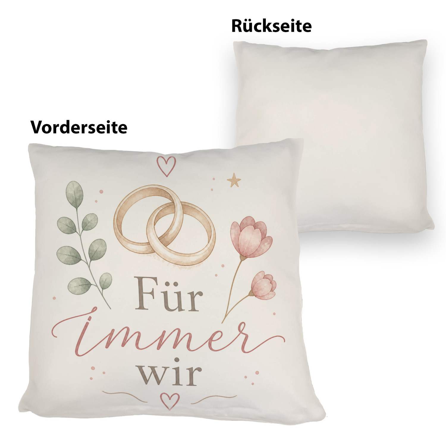 Kissen Für immer wir - florales Hochzeitsmotiv mit Eheringen – Ansicht 3