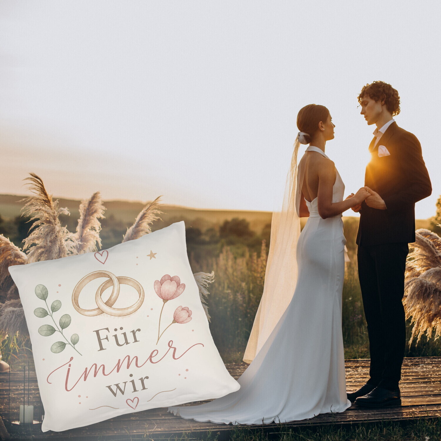 Kissen Für immer wir - florales Hochzeitsmotiv mit Eheringen – Ansicht 5