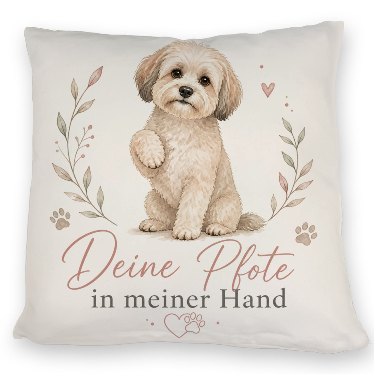 Kissen Deine Pfote in meiner Hand - Welpenmotiv mit zartem Herz