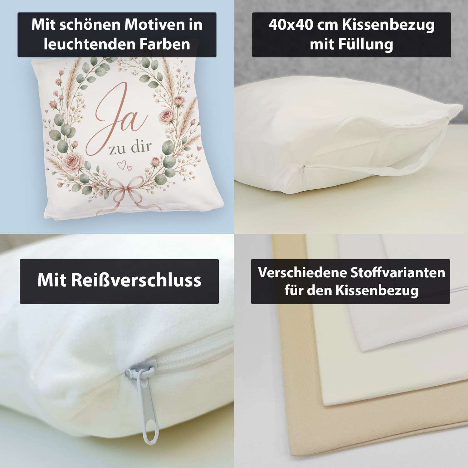 Kuschelkissen Ja zu dir - Dekokissen mit floralem Kranz – Ansicht 4