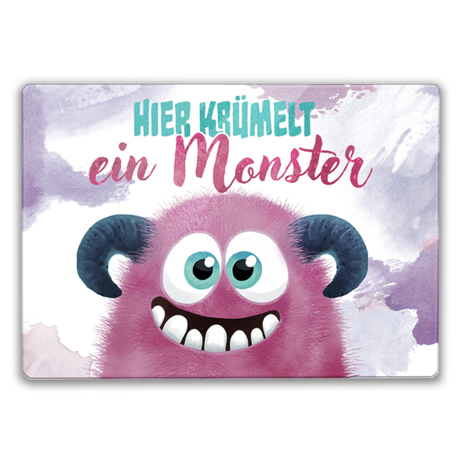 Süßes Monster in rosa Schneidebrett aus Glas mit Spruch Hier krümelt ein Monster
