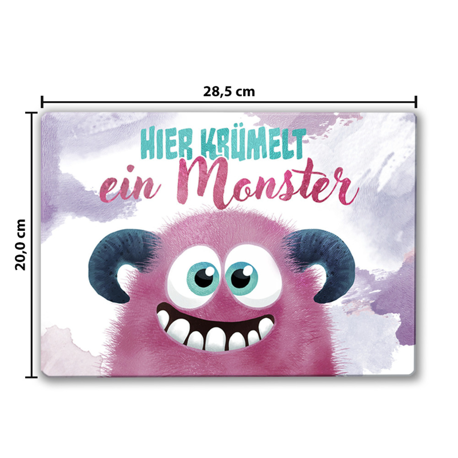 Süßes Monster in rosa Schneidebrett aus Glas mit Spruch Hier krümelt ein Monster