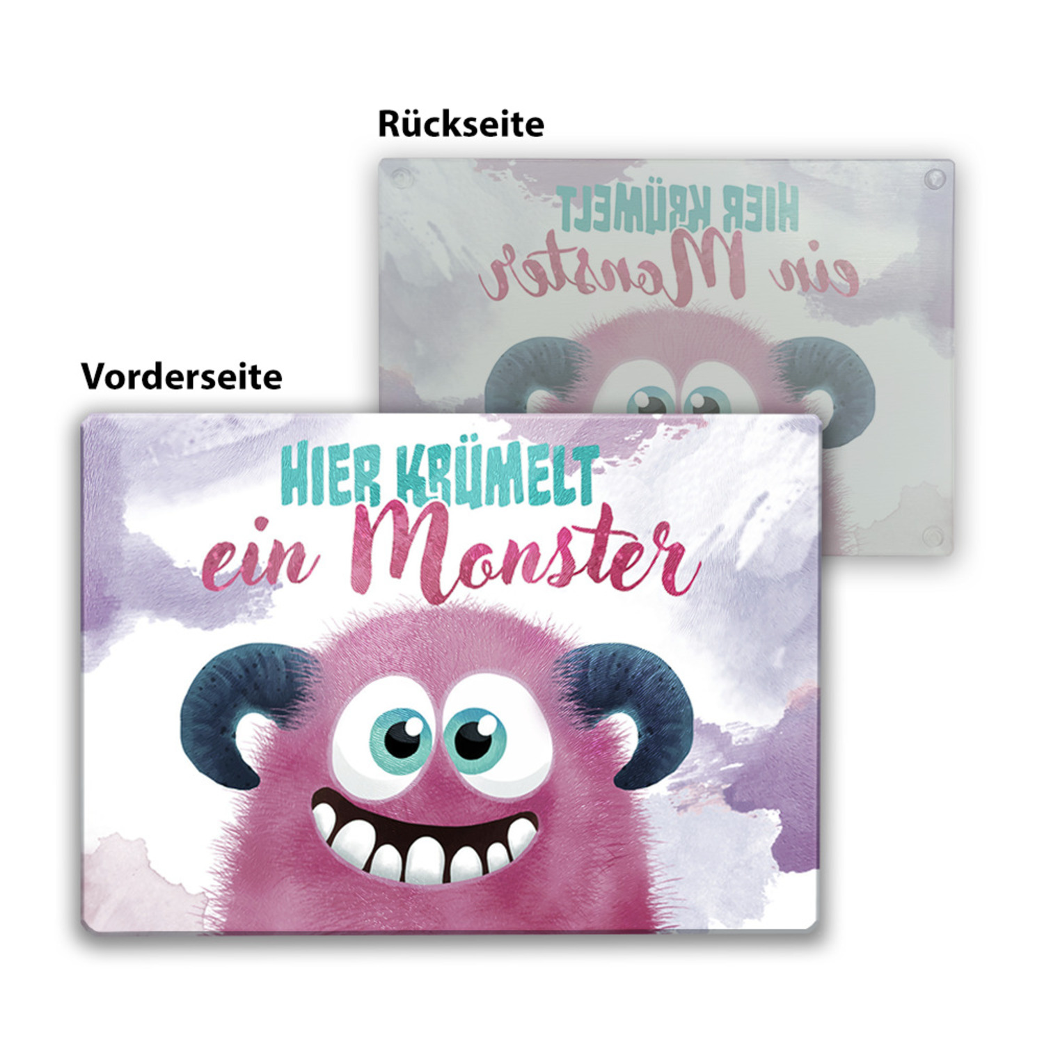 Süßes Monster in rosa Schneidebrett aus Glas mit Spruch Hier krümelt ein Monster