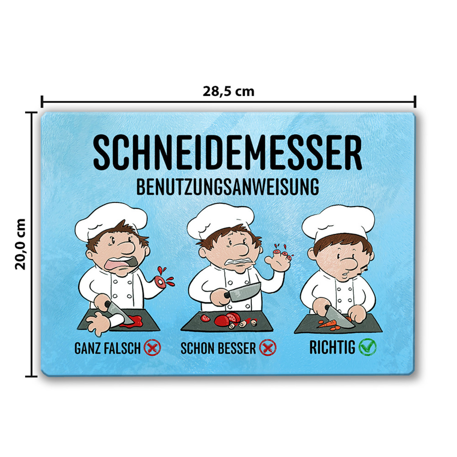 Benutzeranweisung Schneidebrett aus Glas mit humorvoller Illustration