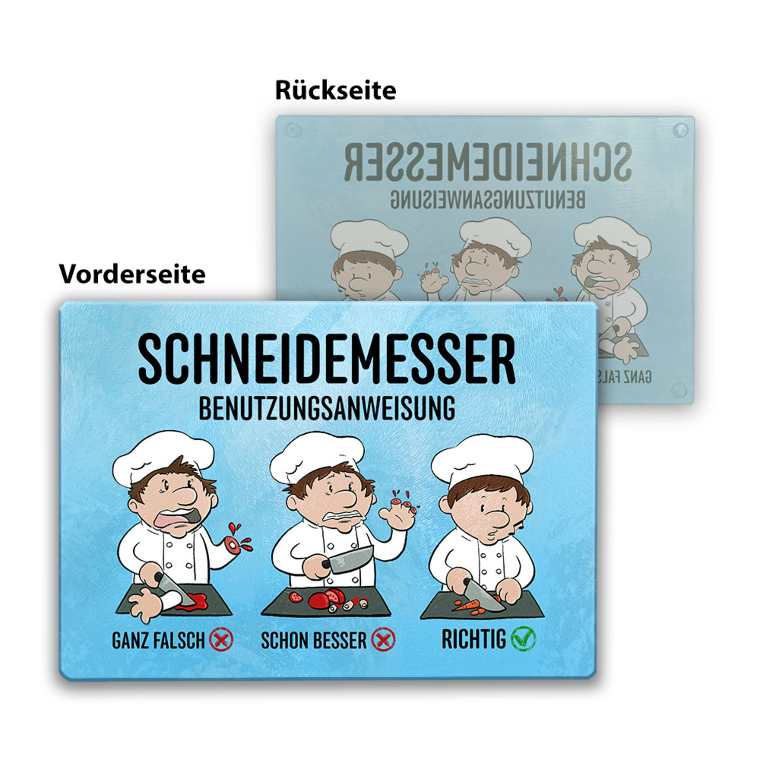 Benutzeranweisung Schneidebrett aus Glas mit humorvoller Illustration