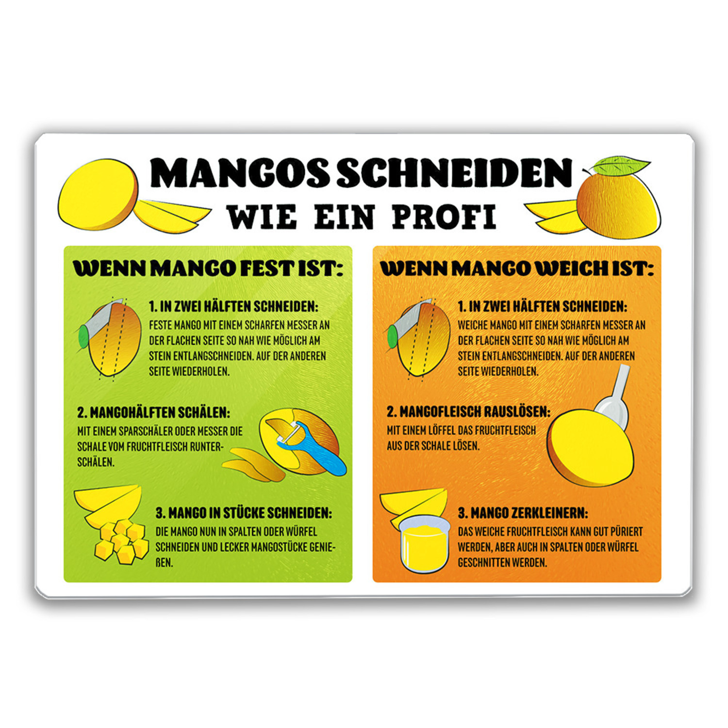 Mango Schneiden Zubereitung Schneidebrett aus Glas mit Anleitung