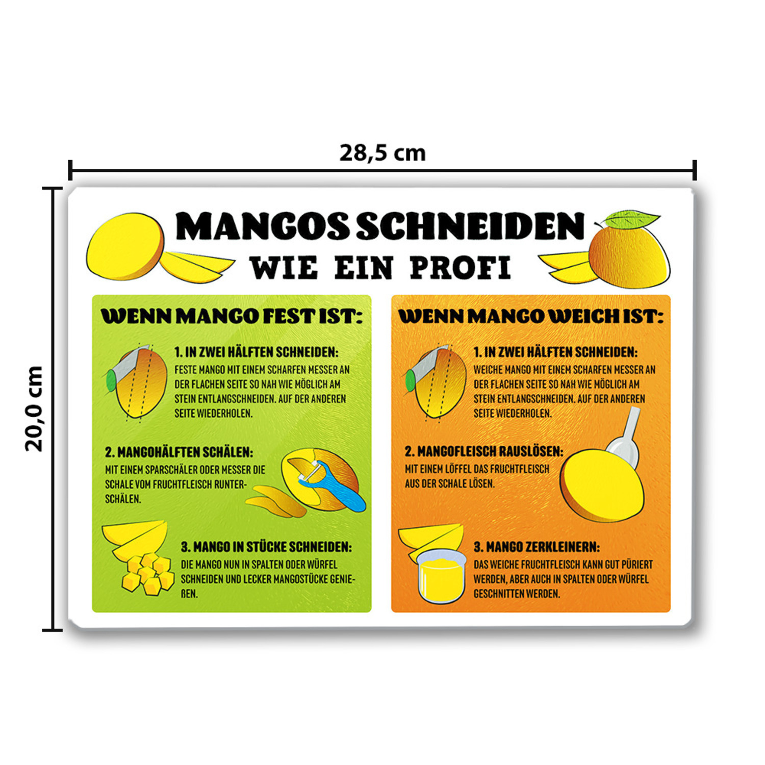Mango Schneiden Zubereitung Schneidebrett aus Glas mit Anleitung