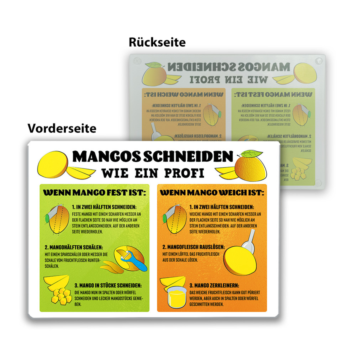 Mango Schneiden Zubereitung Schneidebrett aus Glas mit Anleitung