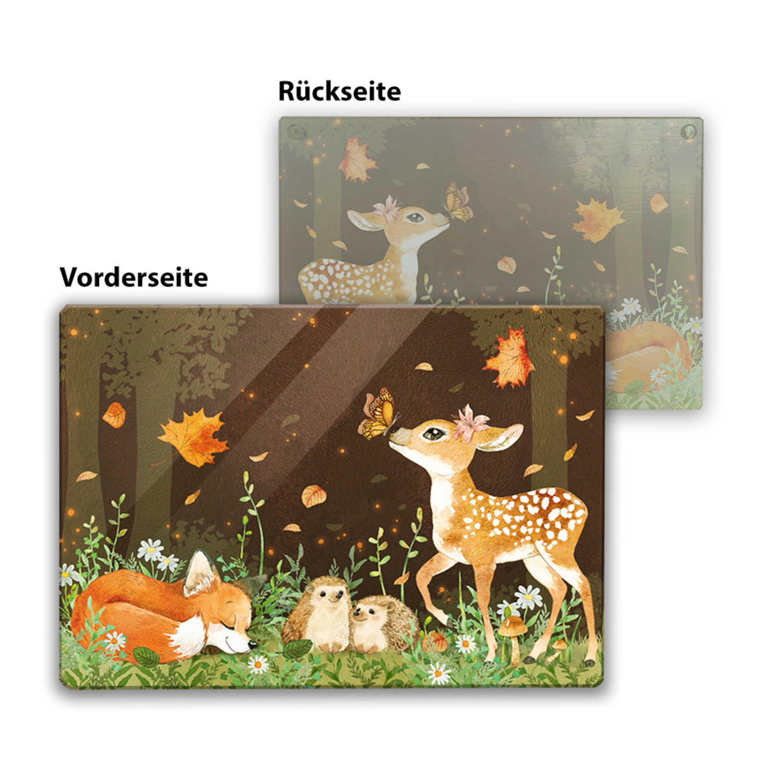 Tiere des Waldes Schneidebrett aus Glas im Aquarell-Stil
