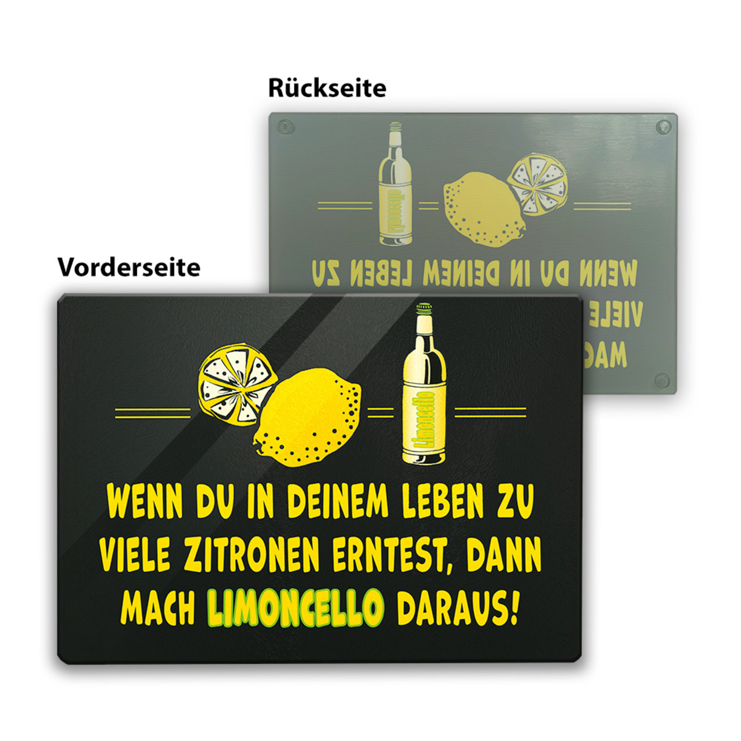 Limoncello Schneidebrett aus Glas aus Glas mit Spruch Mach Limoncello aus
