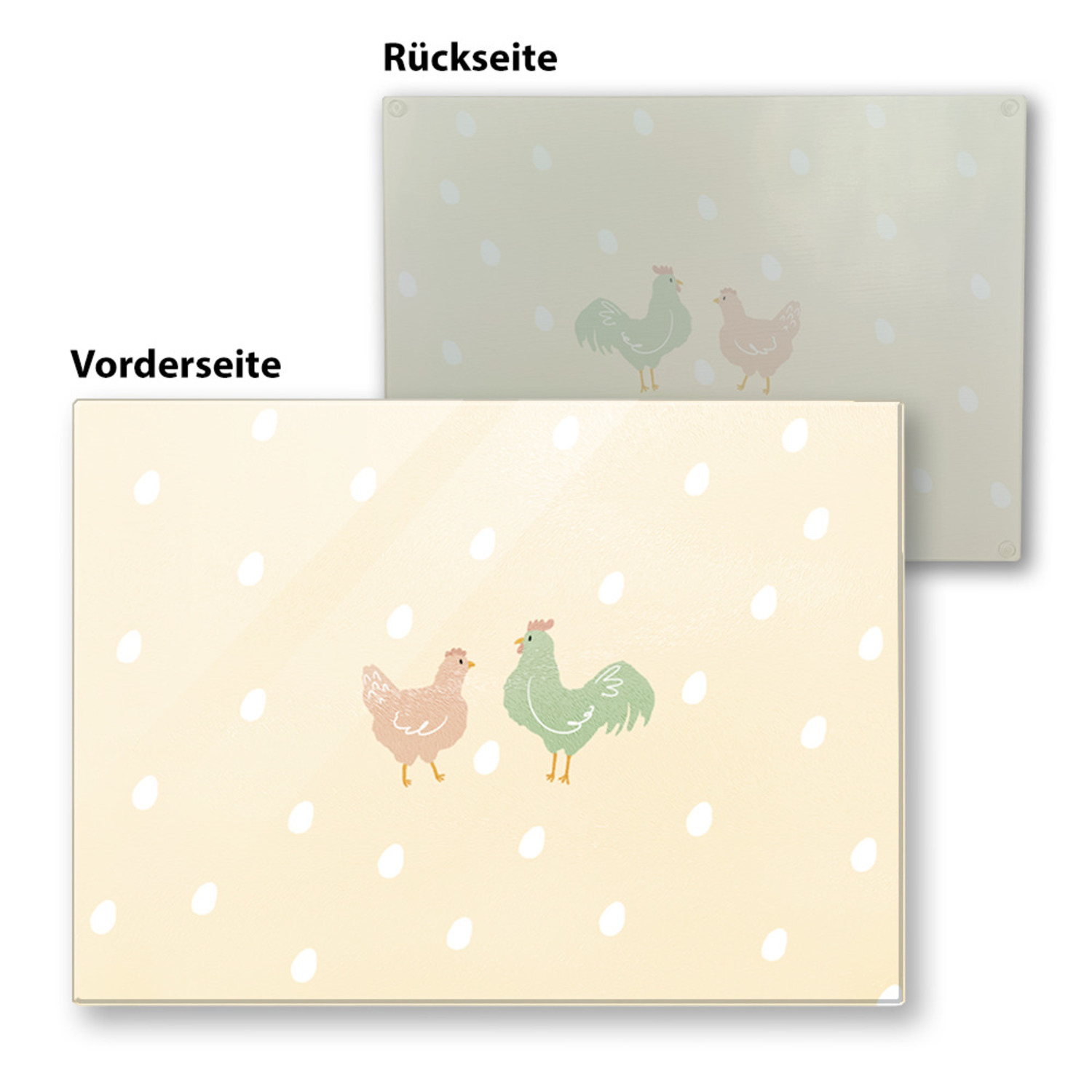 Huhn und Hahn Schneidebrett aus Glas