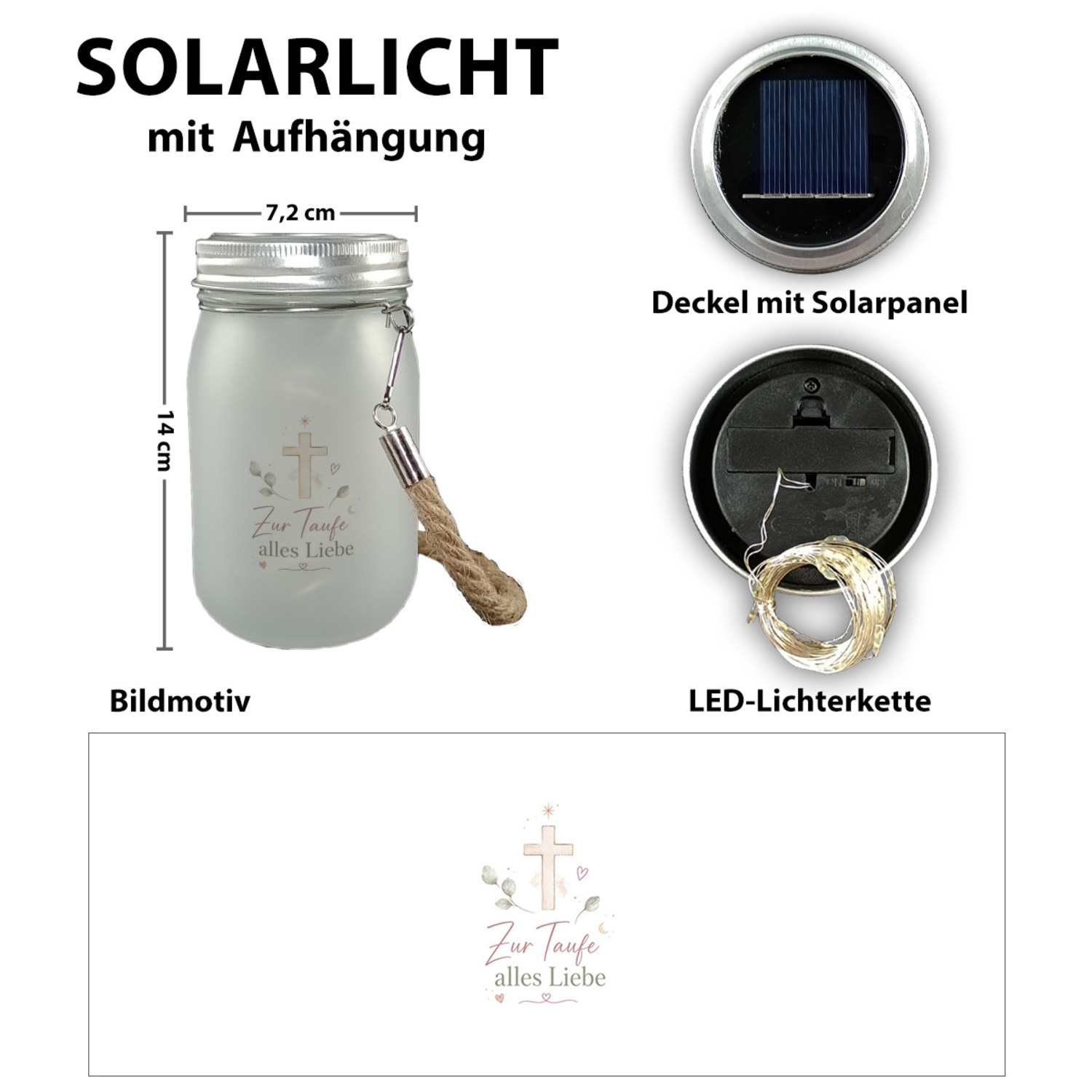 Solarlicht Zur Taufe alles Liebe - Solarlampe mit Kreuzmotiv – Ansicht 2