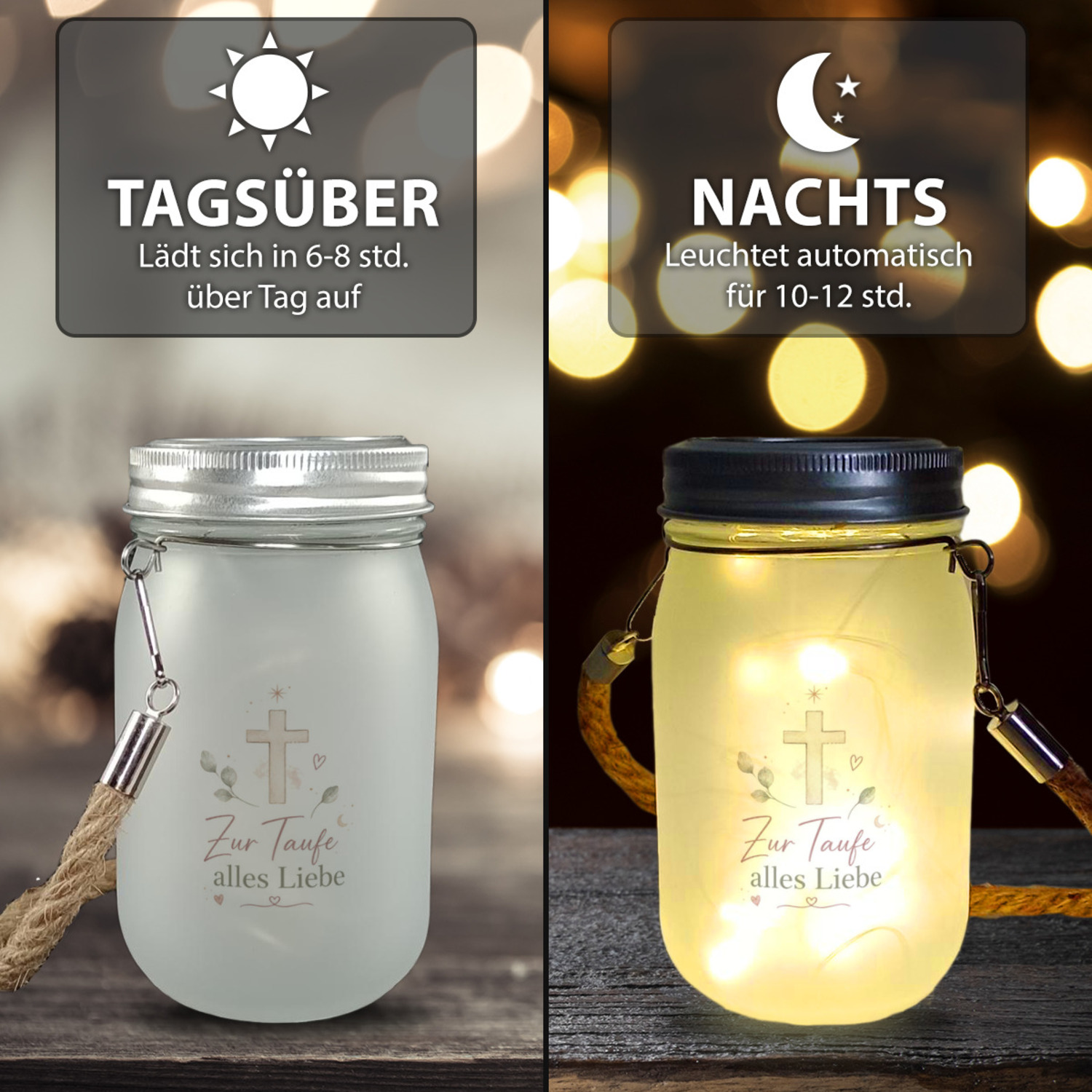 Solarlicht Zur Taufe alles Liebe - Solarlampe mit Kreuzmotiv – Ansicht 3