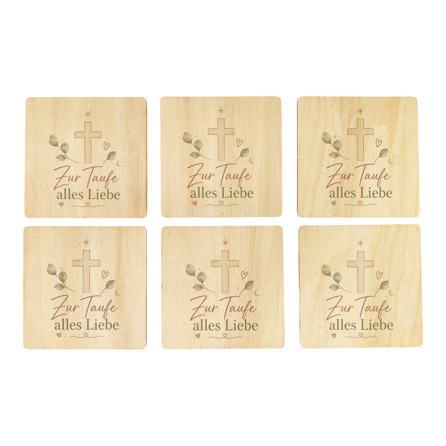 6er Set Untersetzer Holz Zur Taufe alles Liebe - Herz und Mond