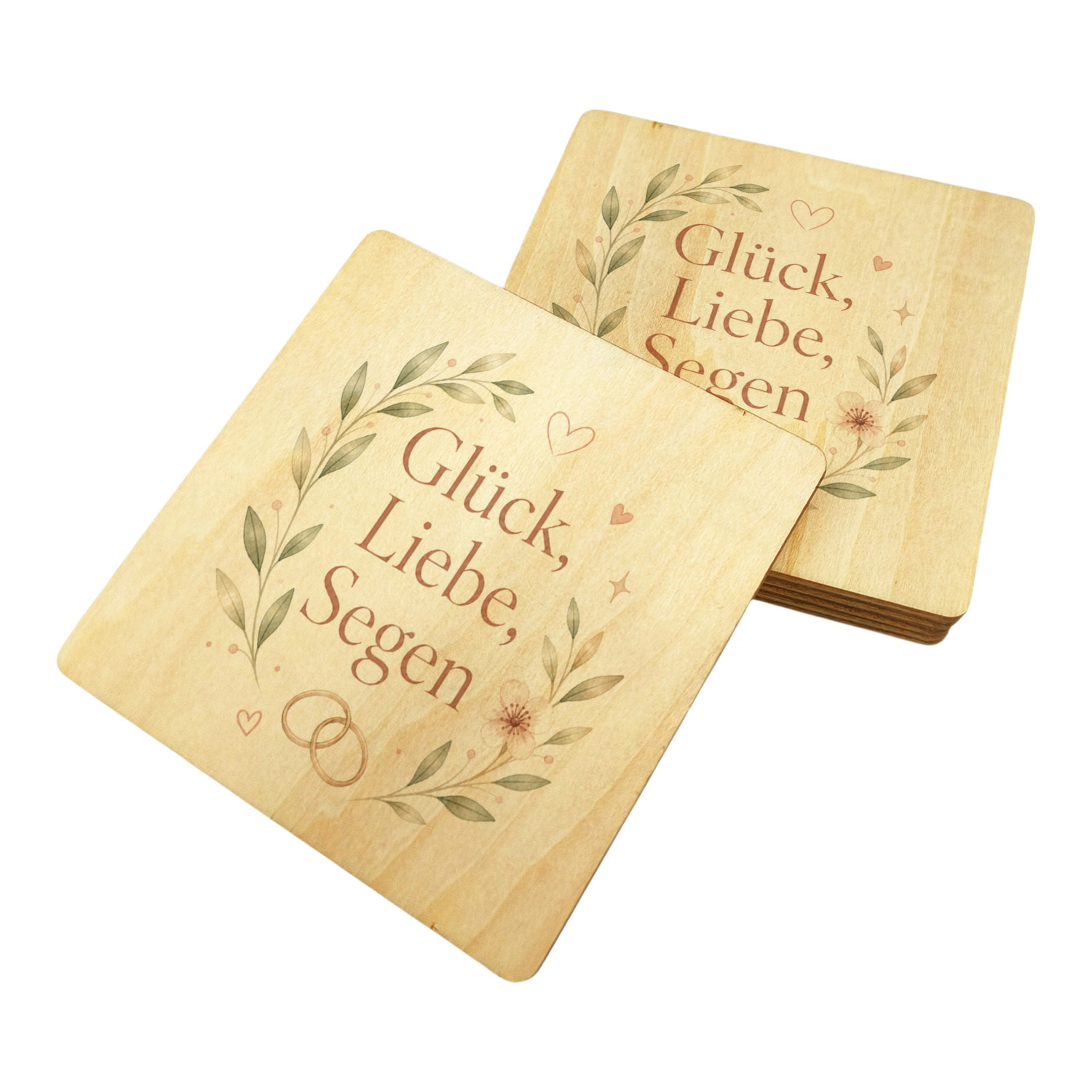 6er Set Untersetzer Holz Glück - Bierdeckel mit Hochzeitsmotiv – Ansicht 2